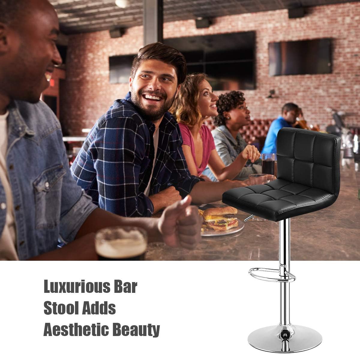 COSTWAY Bar Stool, Modern Swivel Adjustable Height PU Leather Barstools with Back, Square Armless Counter Height Bar Chair for Kitchen Island Dining Living Bistro Pub Counter, Black