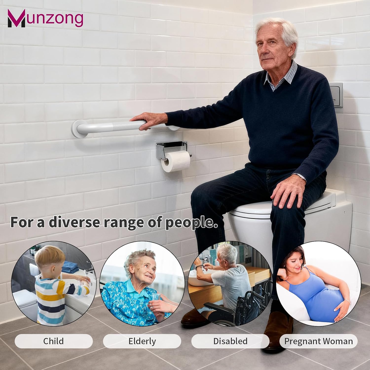 Munzong 3 Pack Commercial Handicap Grab Bars 18" 36" 42" Brushed Nickel | Bathroom Grab Bar for Shower 1.25" Diameter Anti Slip Bathroom Balance Bar Safety Hand Rail for Elderly Injury Senior