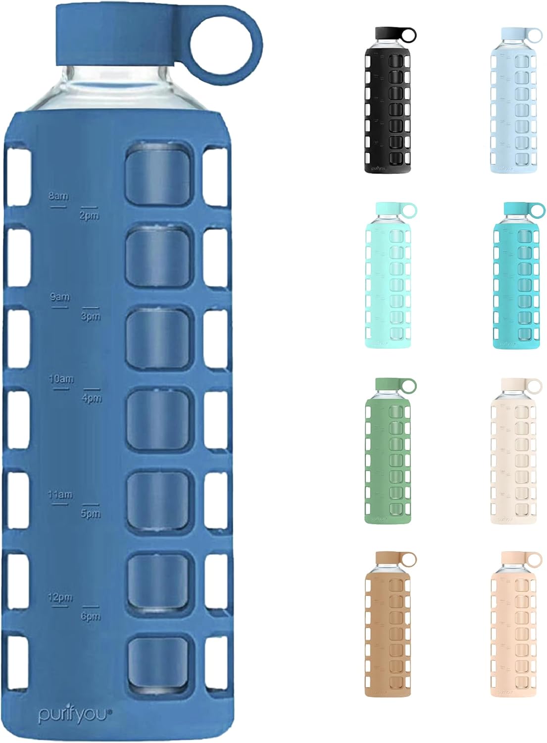purifyou 40oz / 32oz / 22oz / 12oz Borosilicate Glass Water Bottle with Time & Volume Markers, Silicone Sleeve