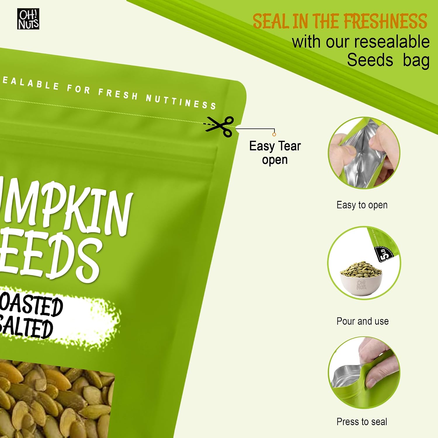 Oh! Nuts Roasted Pumpkin Seeds Salted Pepitas No Shell 2 Pound | Roasted salted pumpkin seeds no shell - Premium pepitas packed in NY - Resealable zip bag for freshness