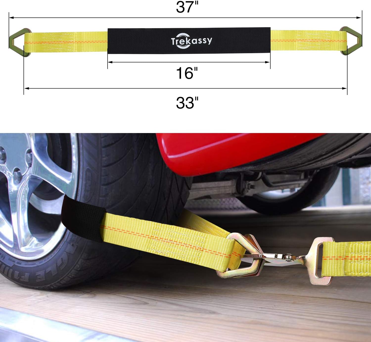 Trekassy Tow Dolly Straps for Car with Flat Hooks-2 Pack, Heavy Duty Car Tire Bonnet Net Fits 14"-17" Tires, 10, 000 lbs Break Strength