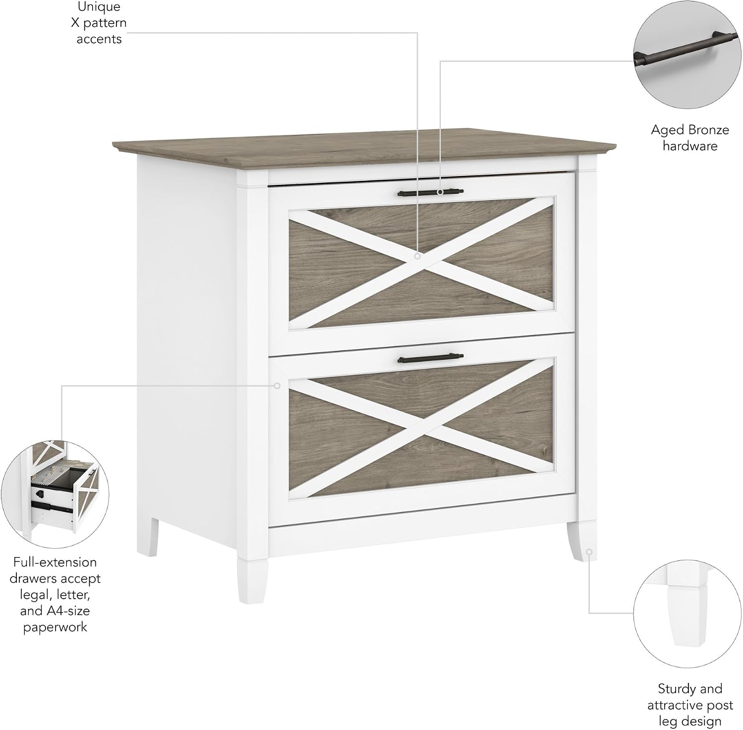 Bush Home Key West 2 Drawer Lateral File Cabinet in Washed Gray, Document Storage for Home Office, Accent Chest with Drawers