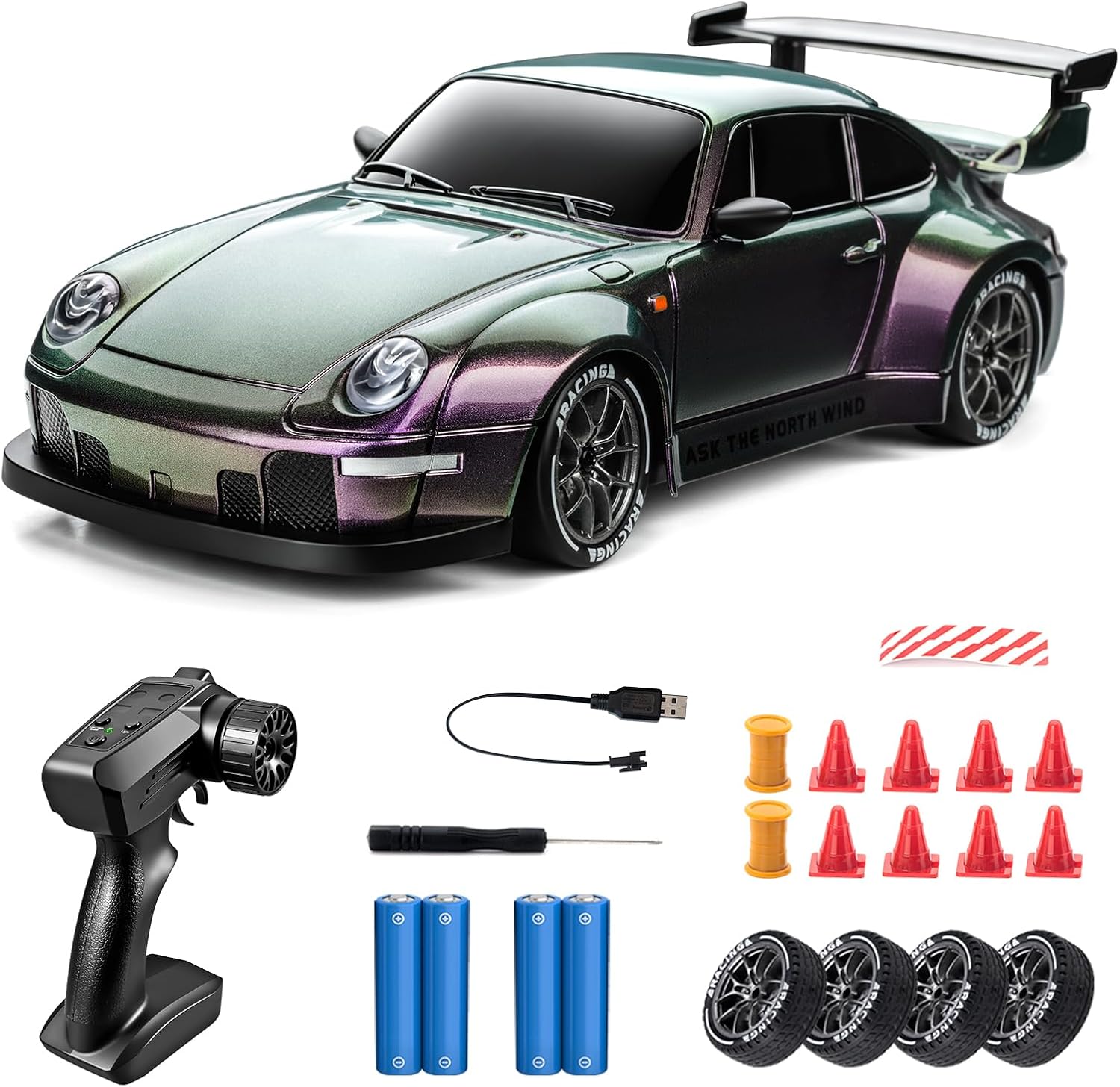 RC Drift Car Purple Racing Livery 1/24 Remote Control Car for Adult | 20KM/H 4WD Low/High Speed RC Cars with LED Lights, Extra Drifting Tires, Vehicle for Kids Boys Girls Beginners Indoor Outdoor