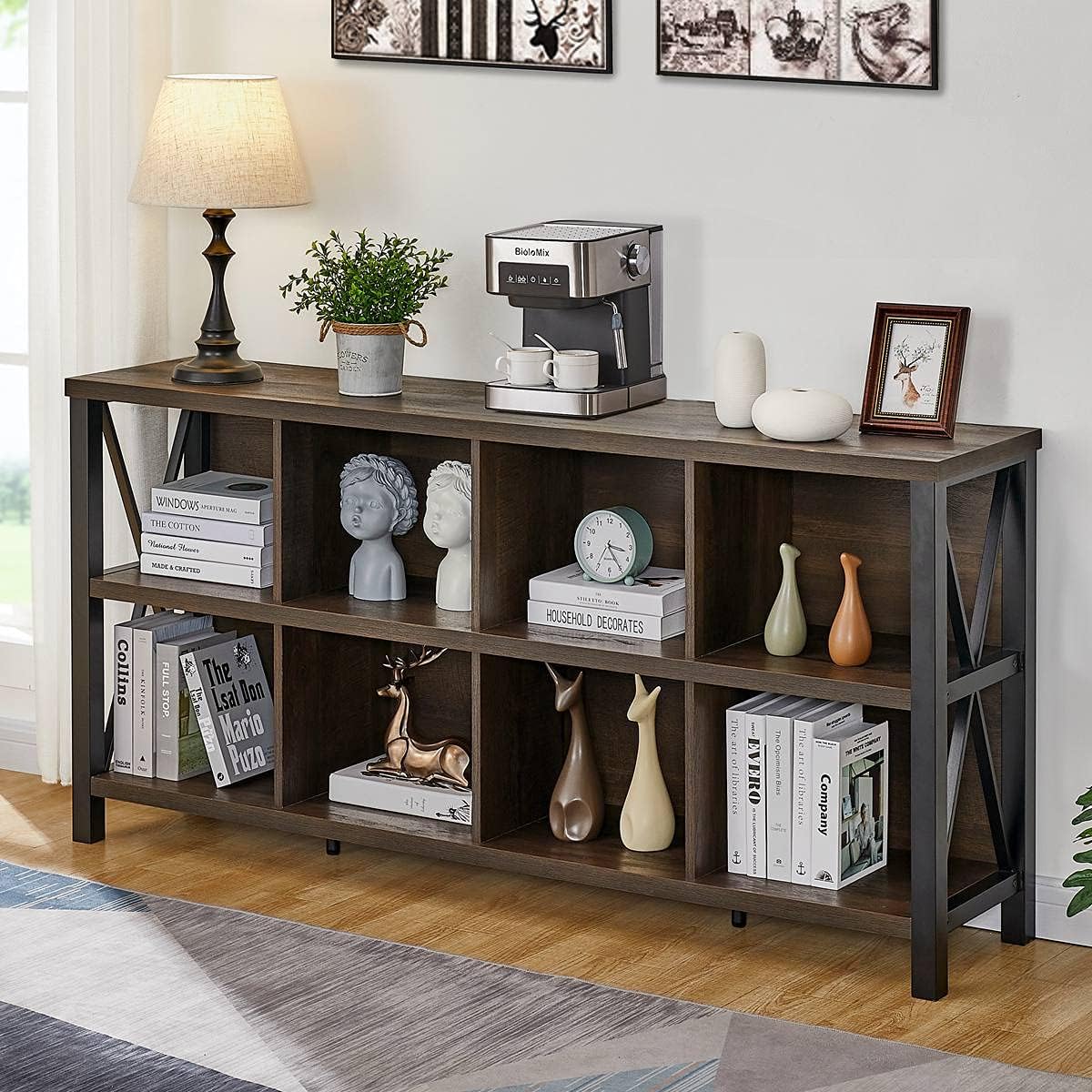 FATORRI 8 Cube Storage Organizer Bookshelf, 62 Inch Wood Horizontal Bookcase, Farmhouse Cube Long Book Shelf
