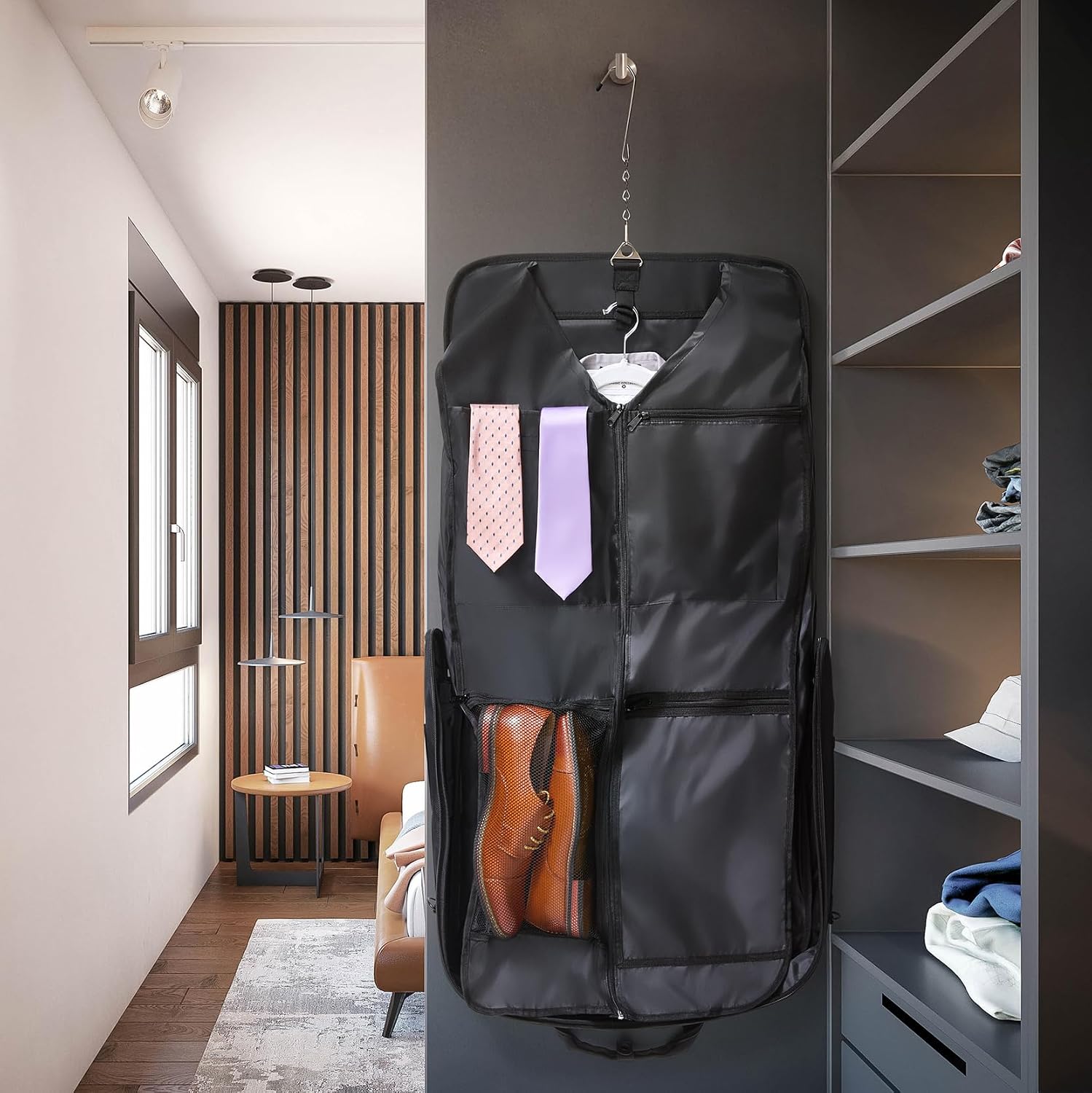 Premium Suit Garment Bag Carry On - Hangs 4 Suits - Travel & Business with Shoulder Strap and Laptop Compartment