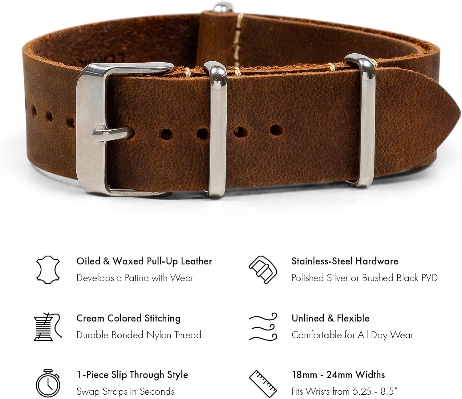 Benchmark Leather Watch Band - Crazy Horse Oiled Leather One-Piece Watch Straps for Men or Women - 18mm, 20mm, 22mm or 24mm Widths