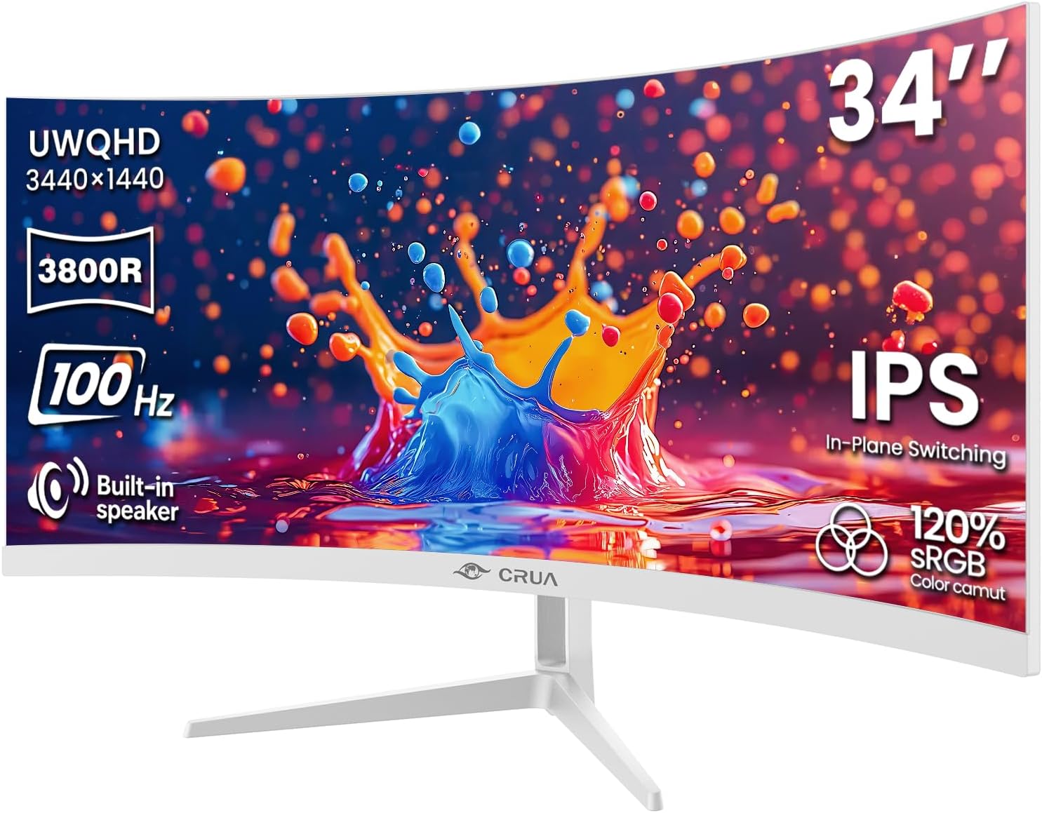 CRUA 34 Inch 21:9 UWQHD 100Hz IPS Ultrawide Curved Monitor, Speakers, White | 120% sRGB, 92% DCI-P3, 1.07B Colors, FreeSync, Blue Light, 3800R, HDMI 2.0, DP 1.4, 100x100 Mount, Office, Editing, Design PC