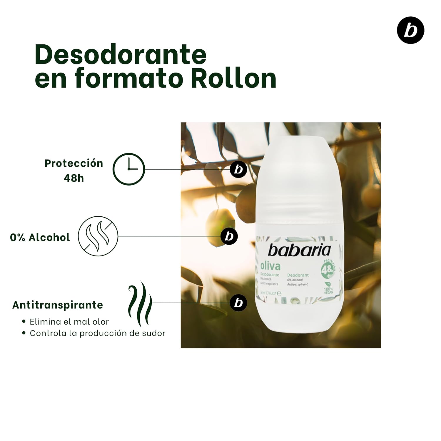Babaria Olive Oil Roll On Deodorant 50ml Alcohol and Paraben Free by Babaria