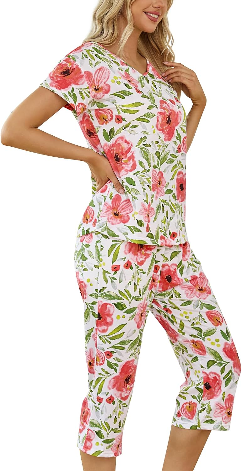 ENJOYNIGHT Womens Pajama Set Cotton Summer Pj Top with Capri Pant Sleepwear
