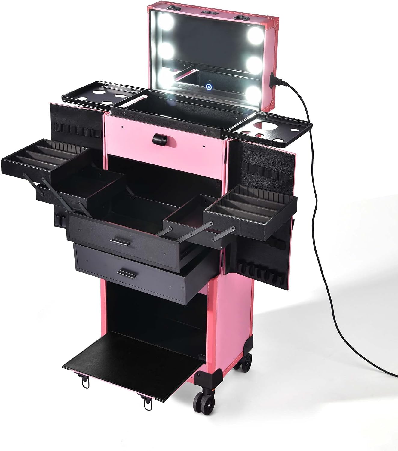 BYOOTIQUE Rolling Makeup Case with Lighted Mirror Hairstylist Station | Salonwith 2 Drawer,4 Trays,Hair Dry Holder,Professional Hairdressing Case,Beauty Salon Cart,Portable Vanity,Mobile