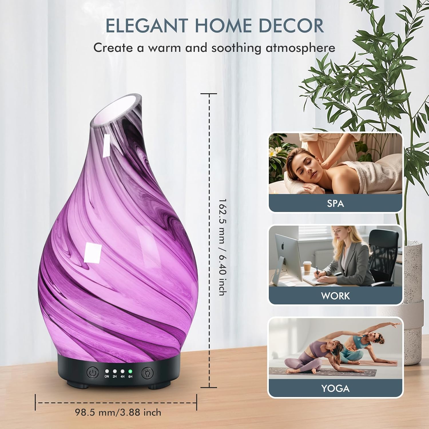 Aromatherapy Essential Oil Diffuser for Home- Art Glass Diffuser for Essential Oils with Waterless Auto Shut-Off 4 Timer 7 Colors LED Night Light