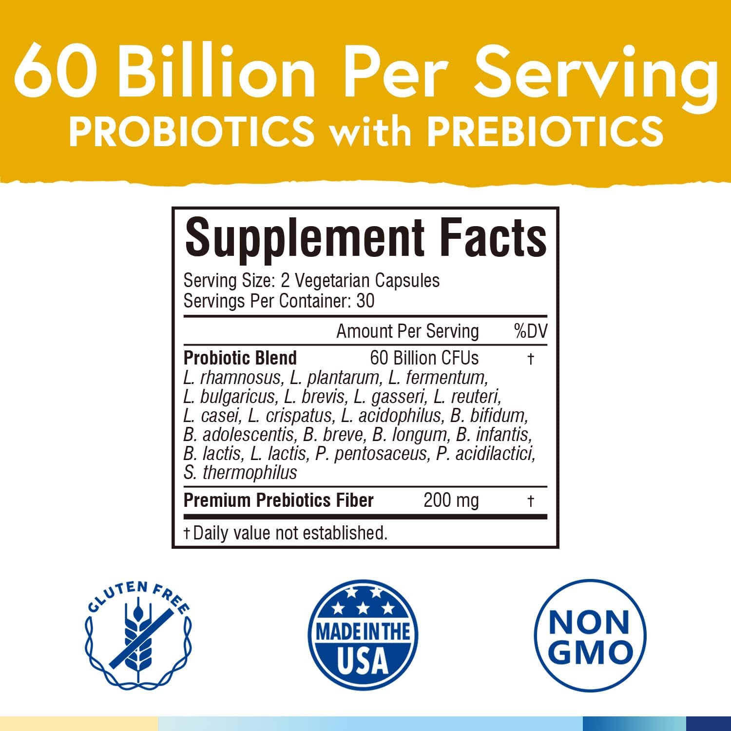 Terranics Probiotics 60 Billion CFU, 20 Strains, 60 Veg Capsules, Prebiotics & Probiotics, Shelf Stable Probiotic Supplement for Men & Women, Non-GMO