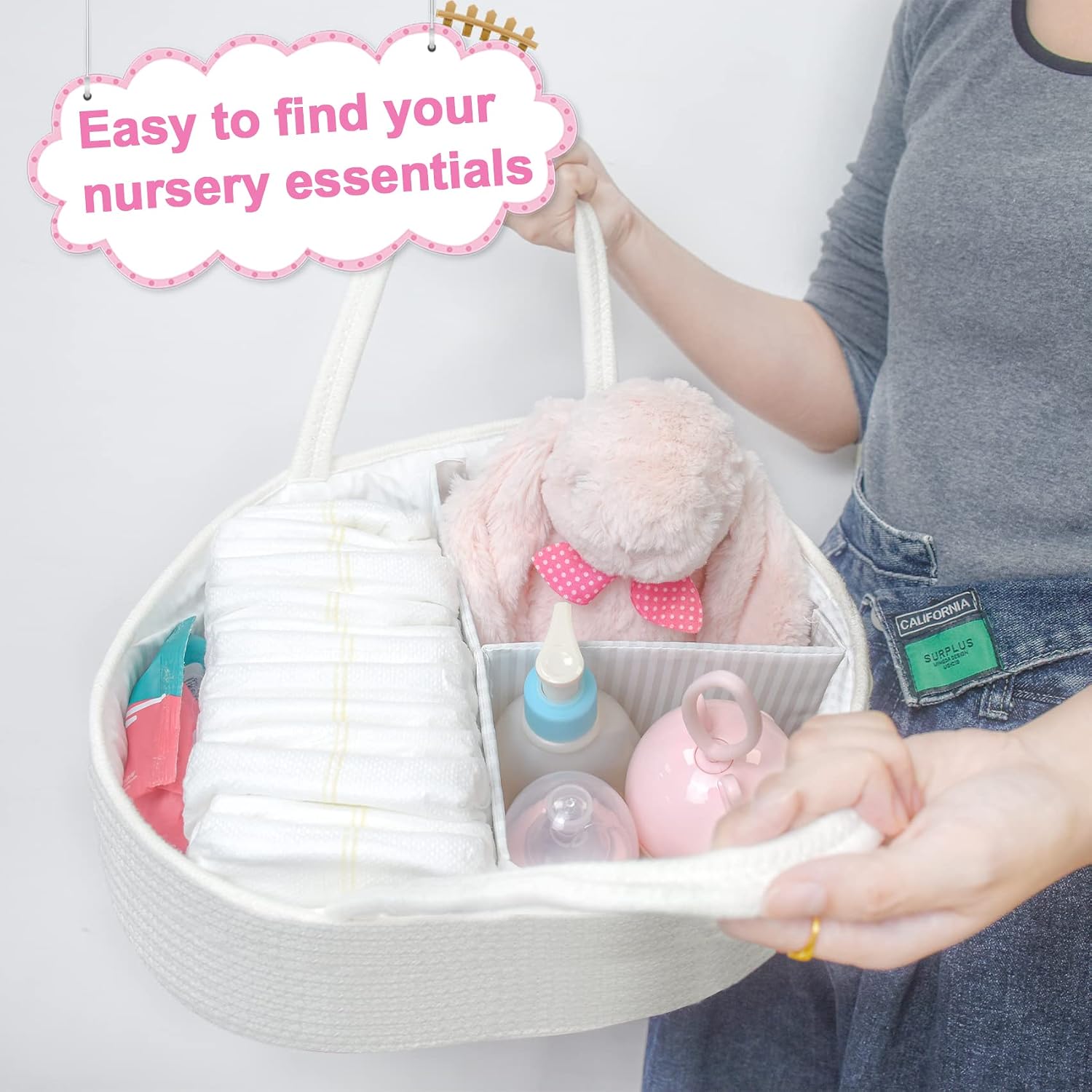 ABenkle Diaper Caddy Organizer - Cotton Rope Nursery Storage Basket for Baby Essentials, Boys & Girls Shower Gift, Changing Table Organizer