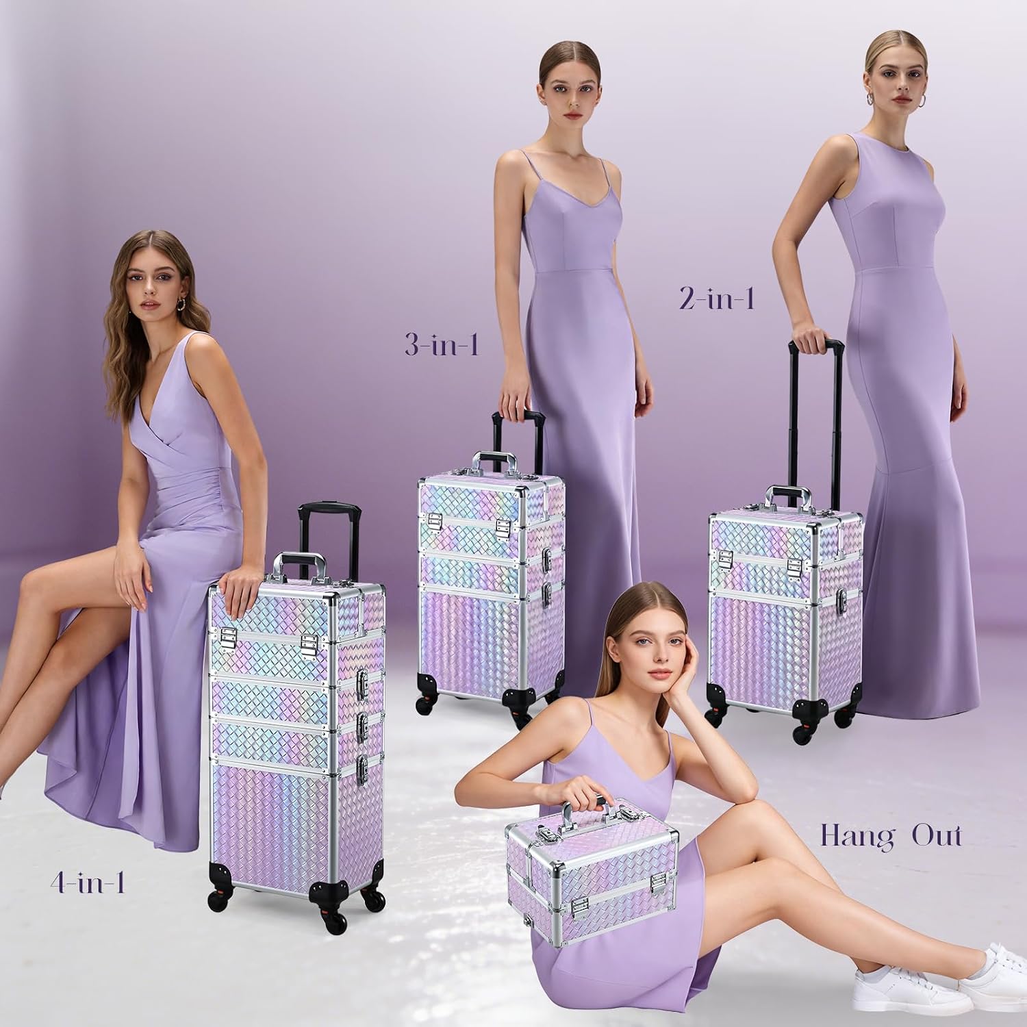 Stagiant Rolling Makeup Case Cosmetology Case on Wheels 4 in 1 Large Cosmetic Organizer Train Case Makeup Travel Case with Key Swivel Wheels Nail