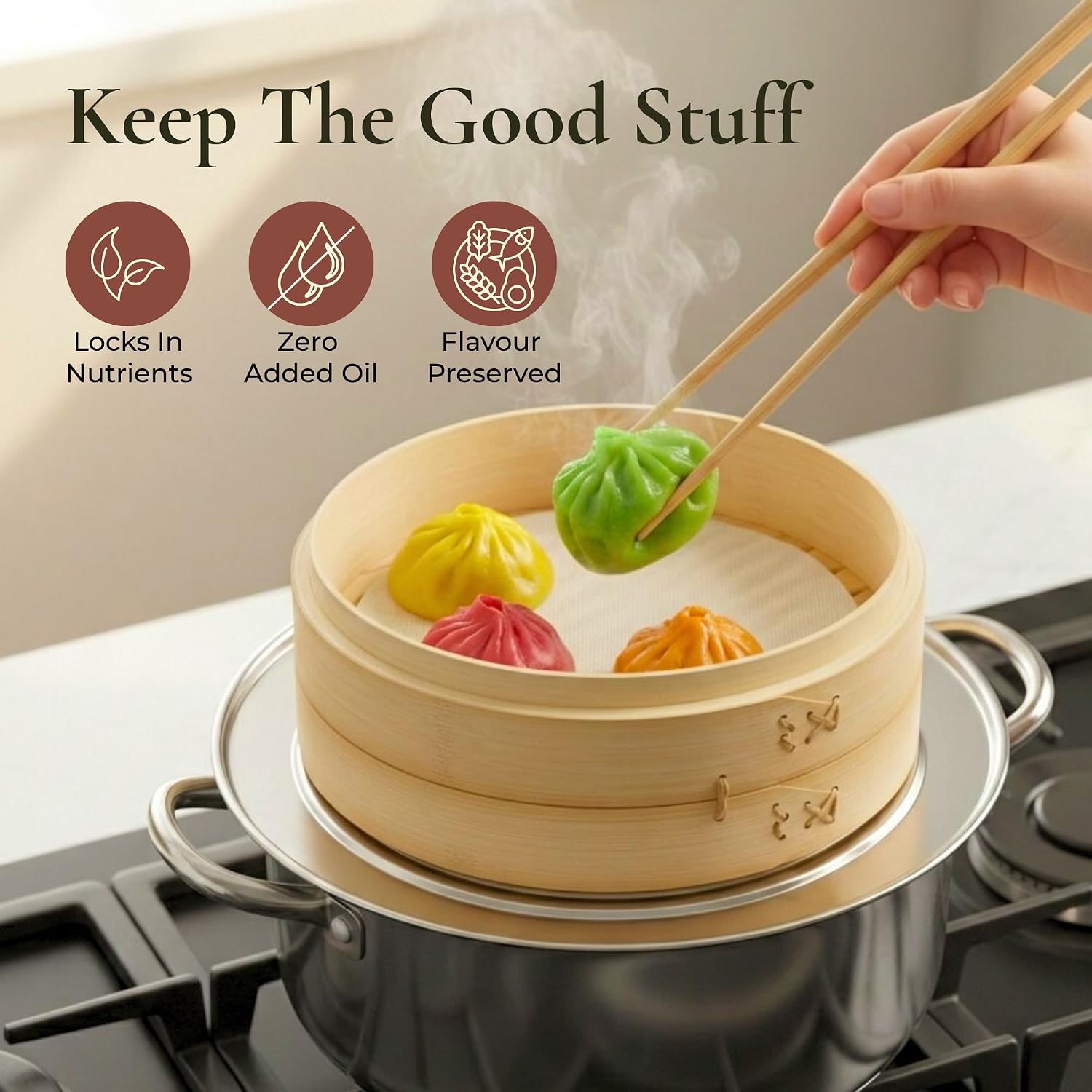 HAPPI STUDIO Bamboo Steamer Basket 10 Inch, Extra Deep Dumpling Steamer Set