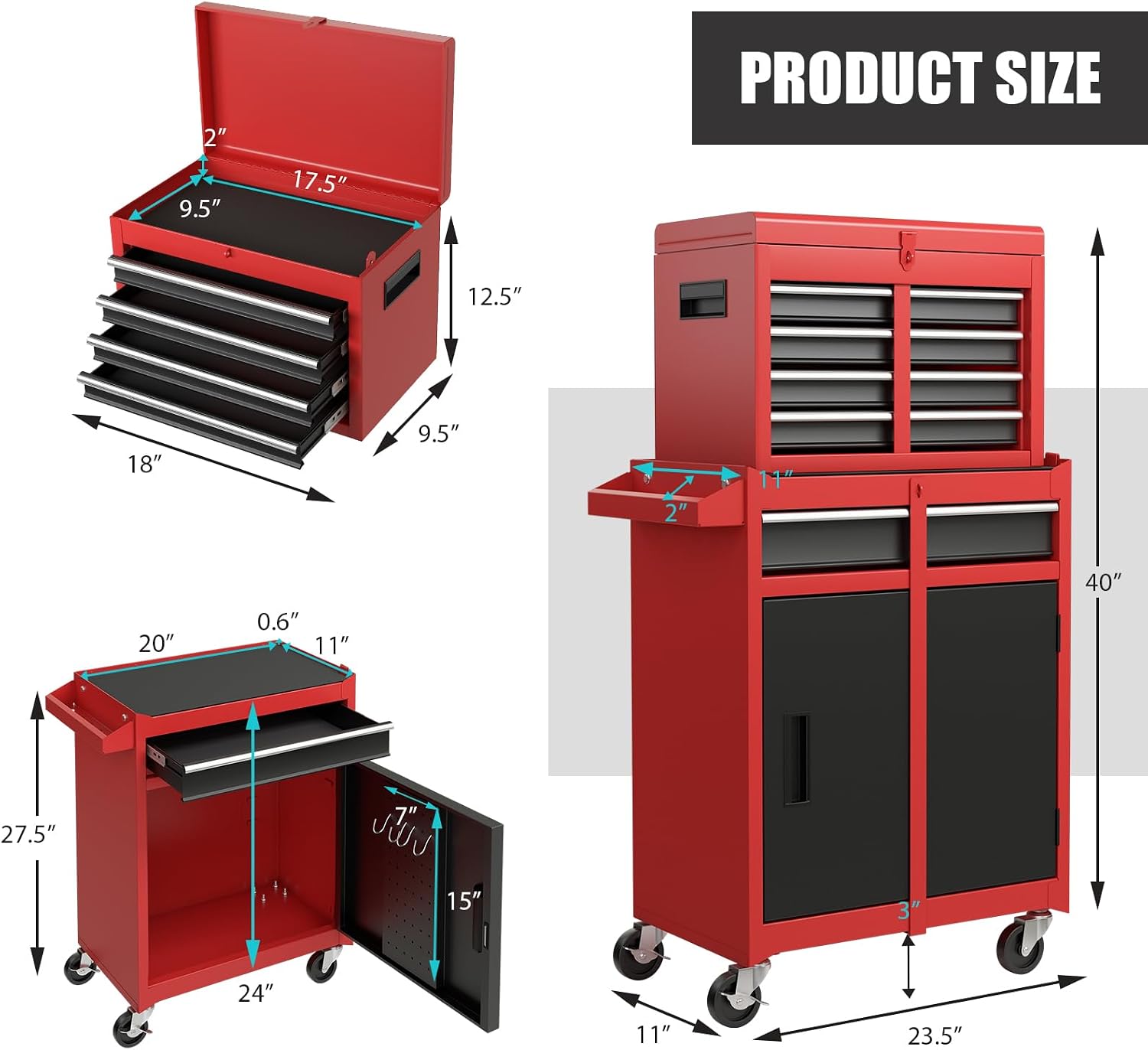 Goplus Rolling Tool Chest, 5-Drawer Tool Box Organizer w/Lockable Wheels & Sliding Drawers & Detachable Top & Adjustable Shelf, Tool Storage Cabinet for Garage Workshop (Red)