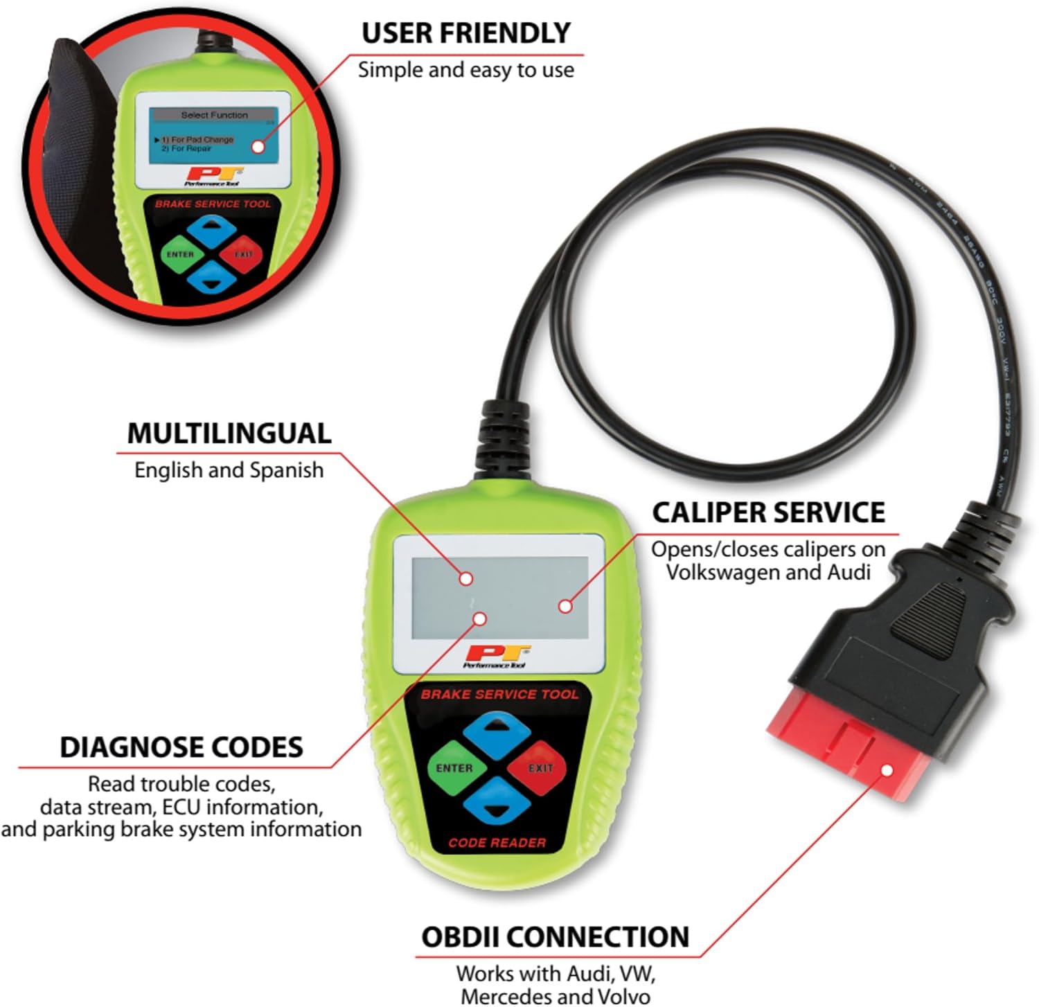 Performance Tool W3000 Automotive Electronic Parking Brake Tool | Reads diagnostic codes. Opens and closes calipers. Bleeds brakes. Works on VW, Audi