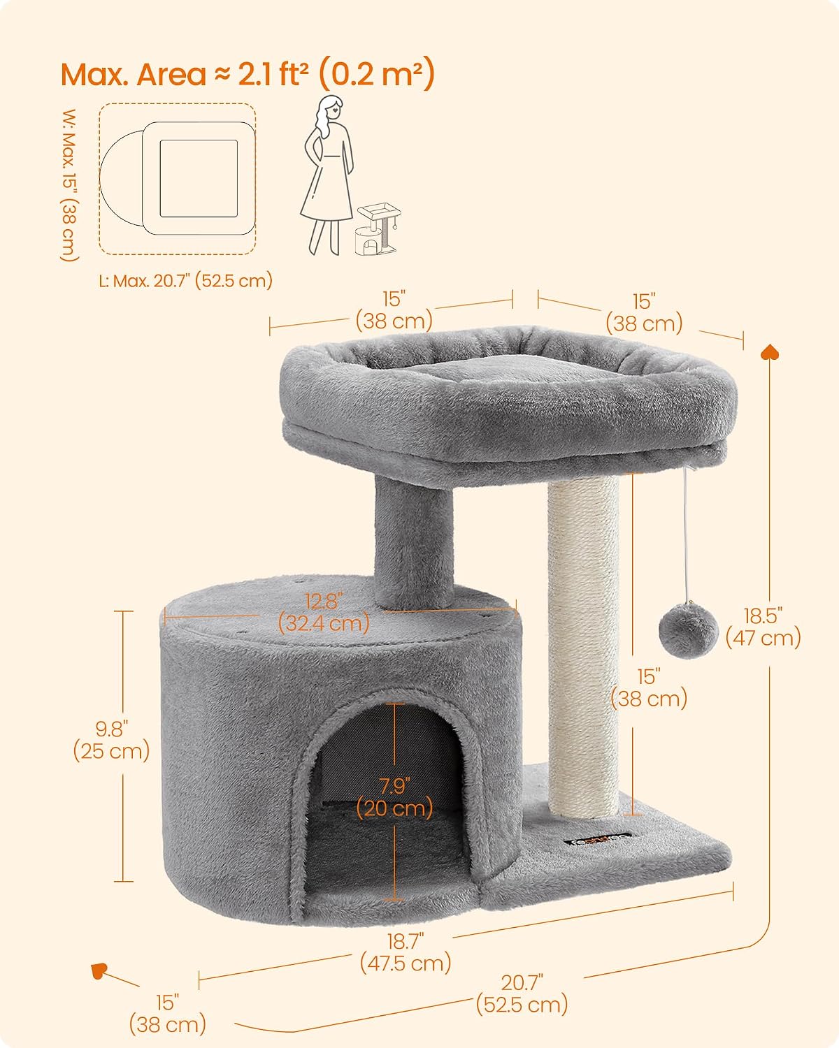 Feandrea Cat Tree, 18.5-in Small Cat Tower, Cute Kittens Condo, Smoky Gray