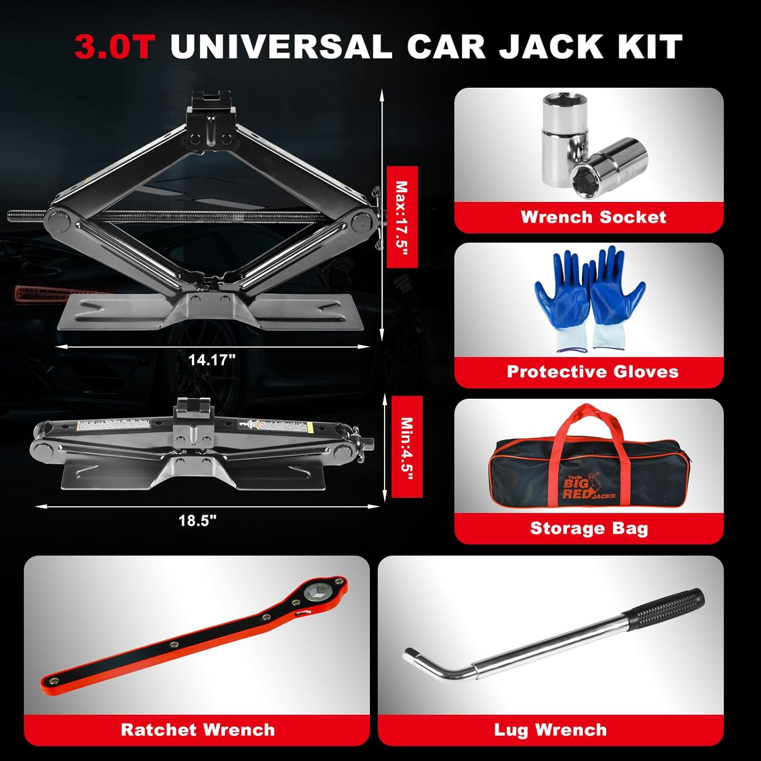 BIG RED T10152 Torin Steel Scissor Lift Jack Car Kit, 1.5 Ton (3,000 lb) Capacity, Red