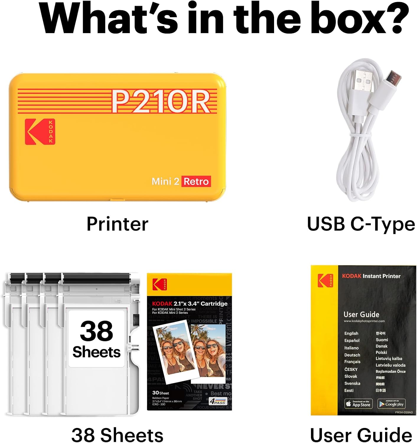 KODAK Mini 2 Retro 2x3 Portable Photo Printer, 4PASS, 38 Sheets, White