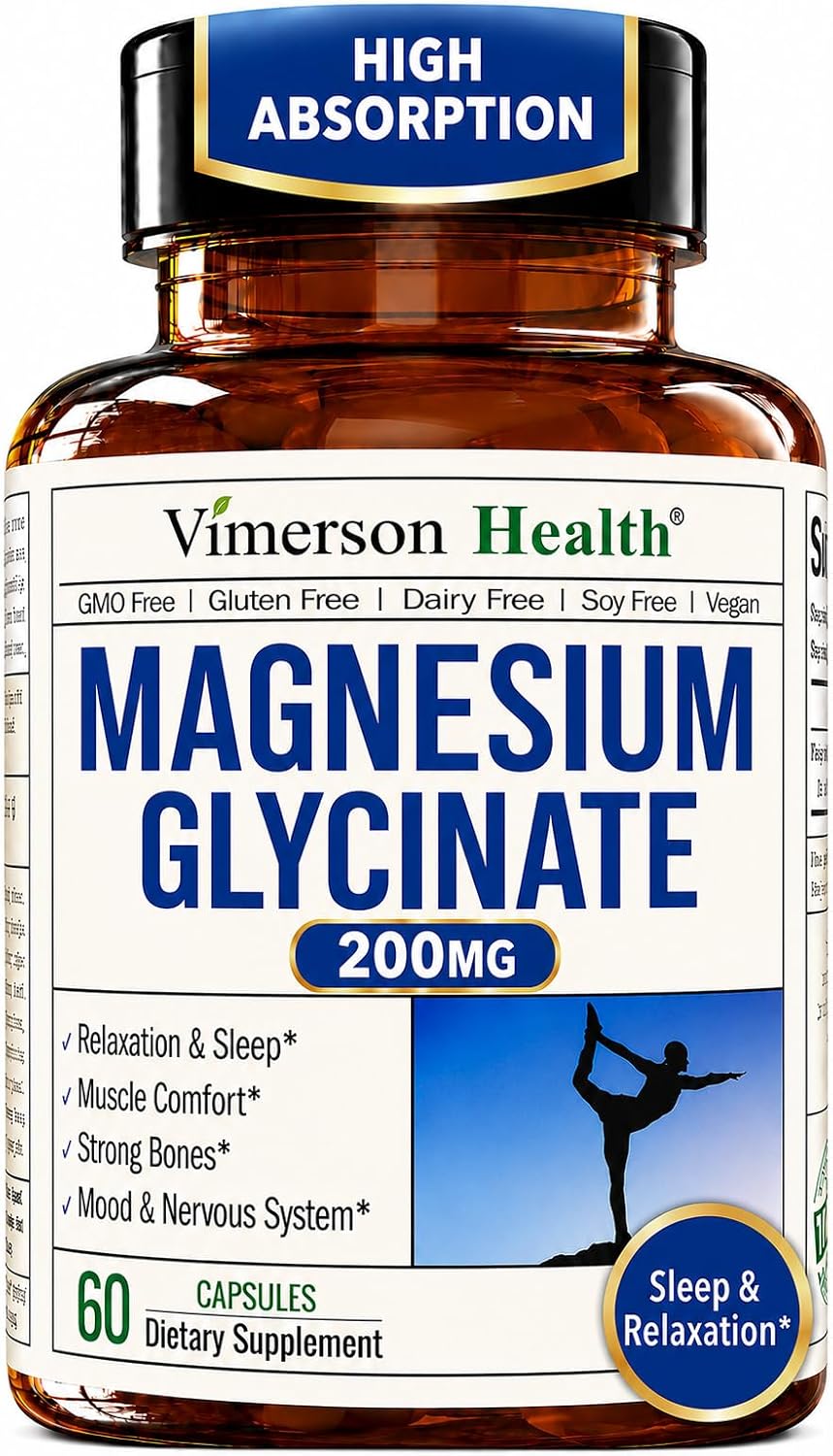 Vimerson Health Magnesium Glycinate 200mg for Sleep, Relaxation & Muscle Support – Chelated, Bioavailable