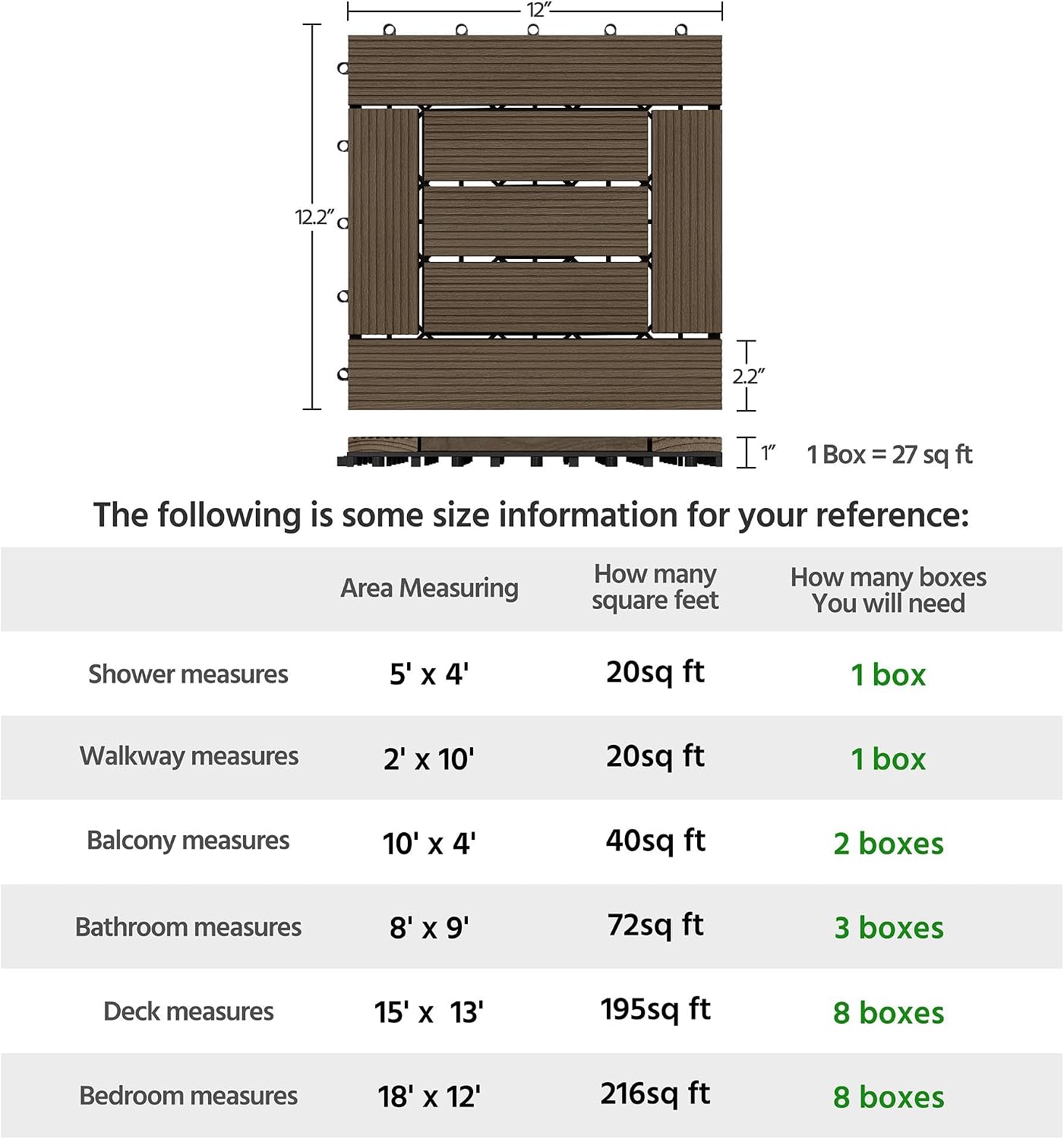 Yaheetech 27PCS Patio Floor Tiles Outdoor Interlocking Deck 12 x 12in,Wood