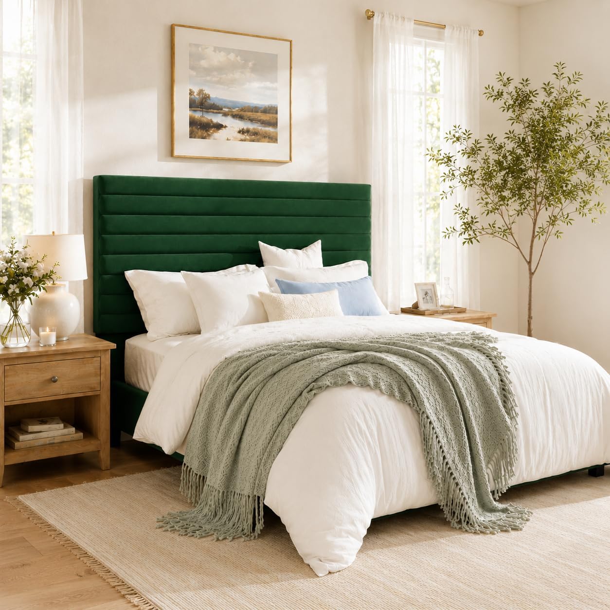 Allewie Queen Bed Frame, Velvet Upholstered Platform Bed with Adjustable Headboard, Horizontal Channel Design, Wood Slat Support, No Box Spring Needed, Noise Free, Easy Assembly, White