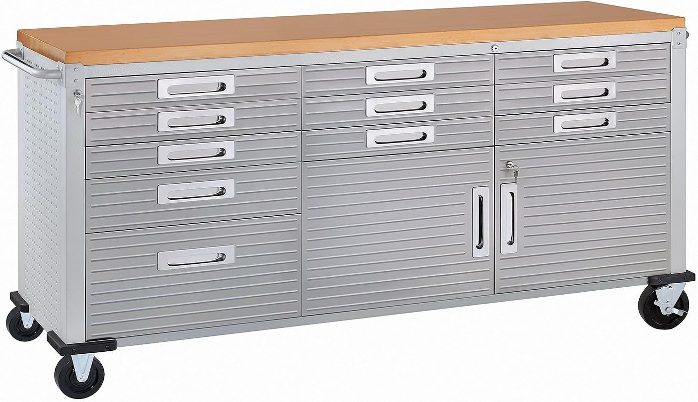 Seville Classics UltraHD Heavy Duty Rolling Cabinet Workbench Table w/Solid Wood Top, Workstation for Garage, Warehouse, Office, Workshop, 77" W x 20" D x 37.5" H, Graphite, 11-Drawer