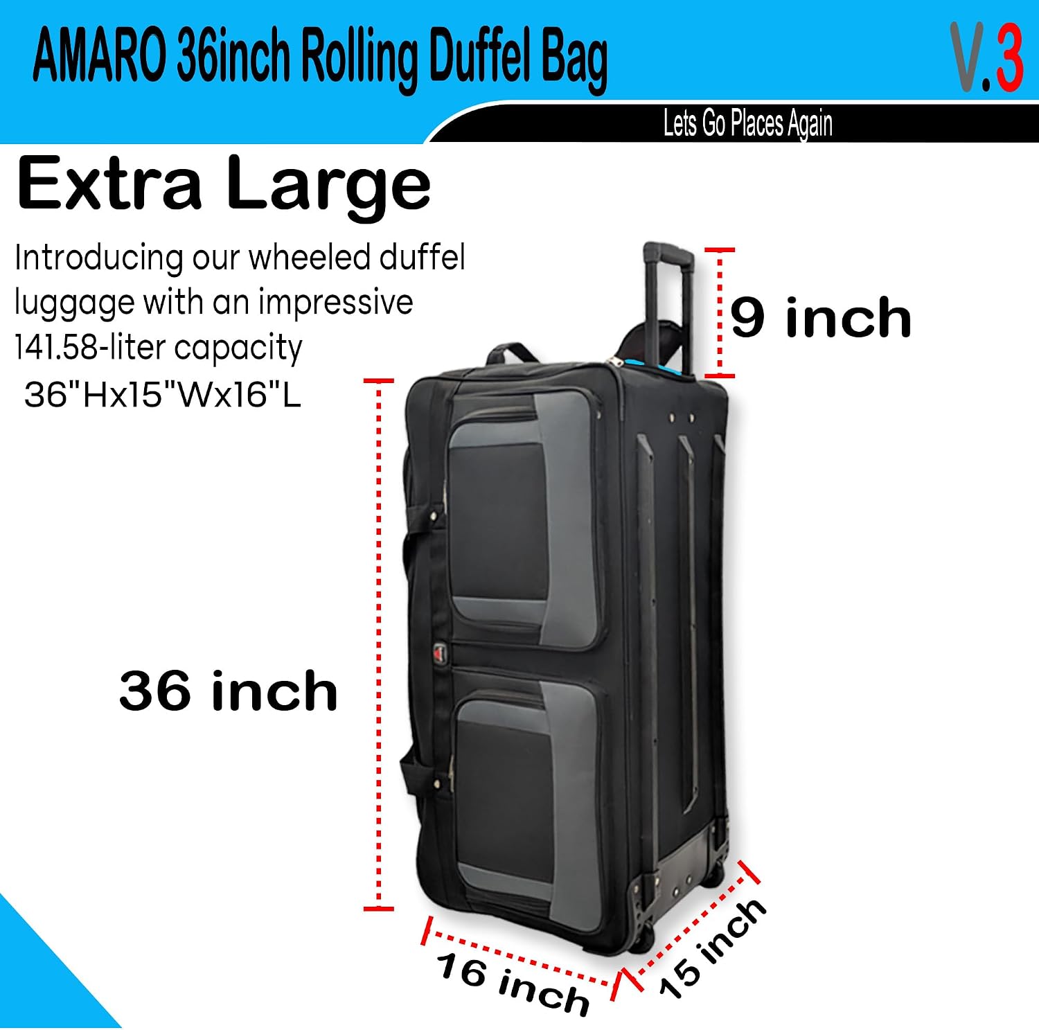 AMARO 36 Inch Rolling Duffle Bag with Wheels, Extra Large Heavy Duty Travel Duffel Luggage with Telescopic Handle, Multiple Pockets, Collapsible Storage, Black/Grey