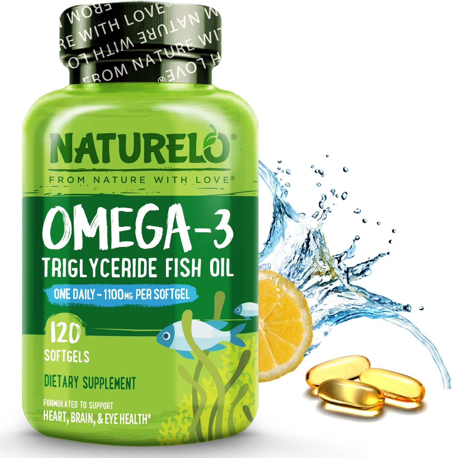 NATURELO Burpless Omega 3 Fish Oil Supplement, 1100mg, 60 Softgels | Triglyceride omega-3, omega 3 DHA EPA, liquid fish oil, 2 months supply