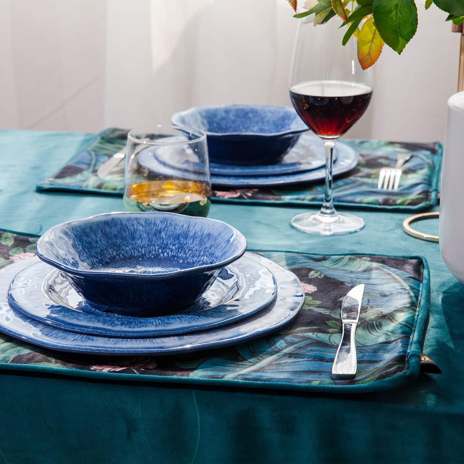 12 Pcs Blue Melamine Dinnerware Set, Shatterproof and Dishwasher Safe, Ideal for Indoor and Outdoor Use