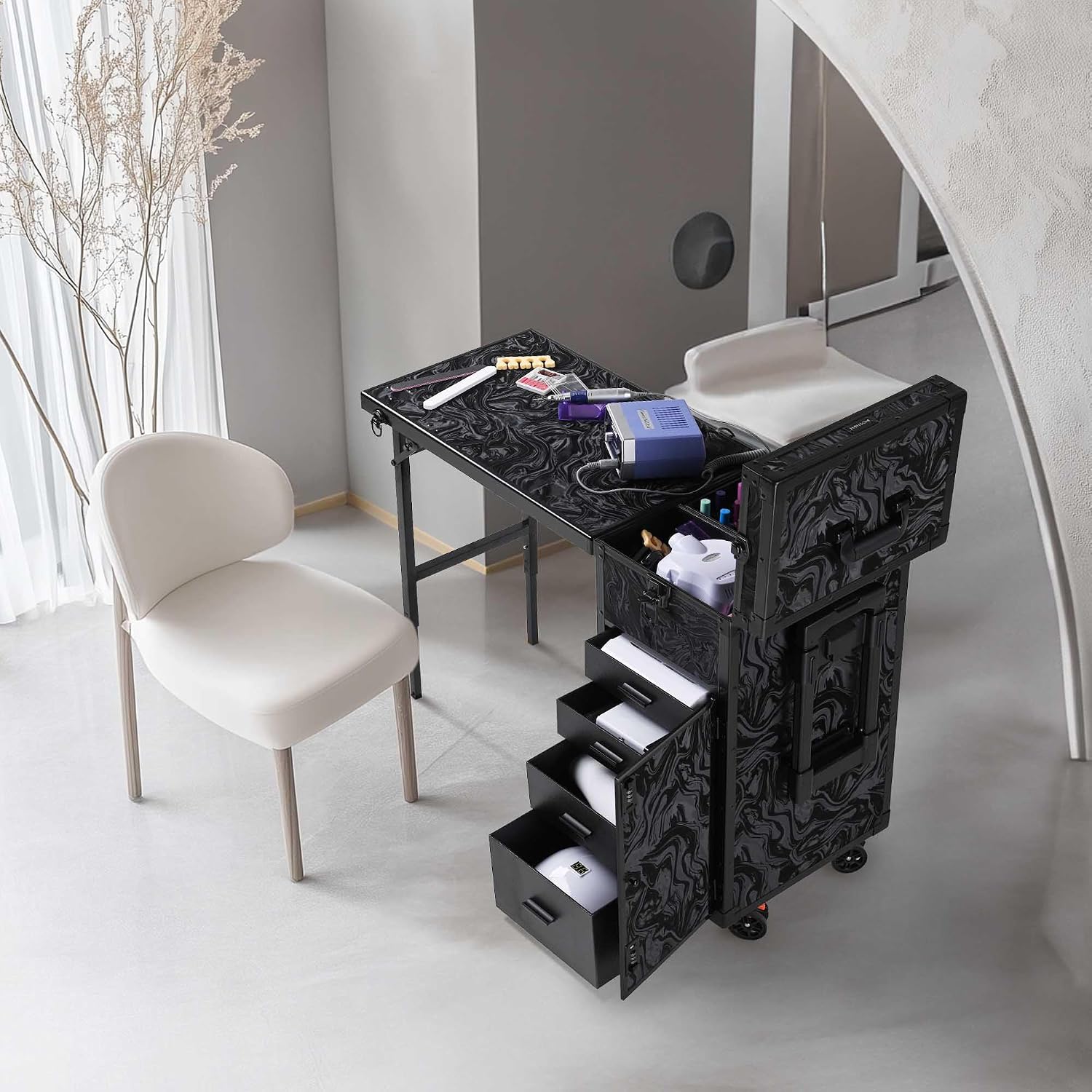 BYOOTIQUE Portable Nail Desk with 4 Storage Drawer Rolling Manicure Table