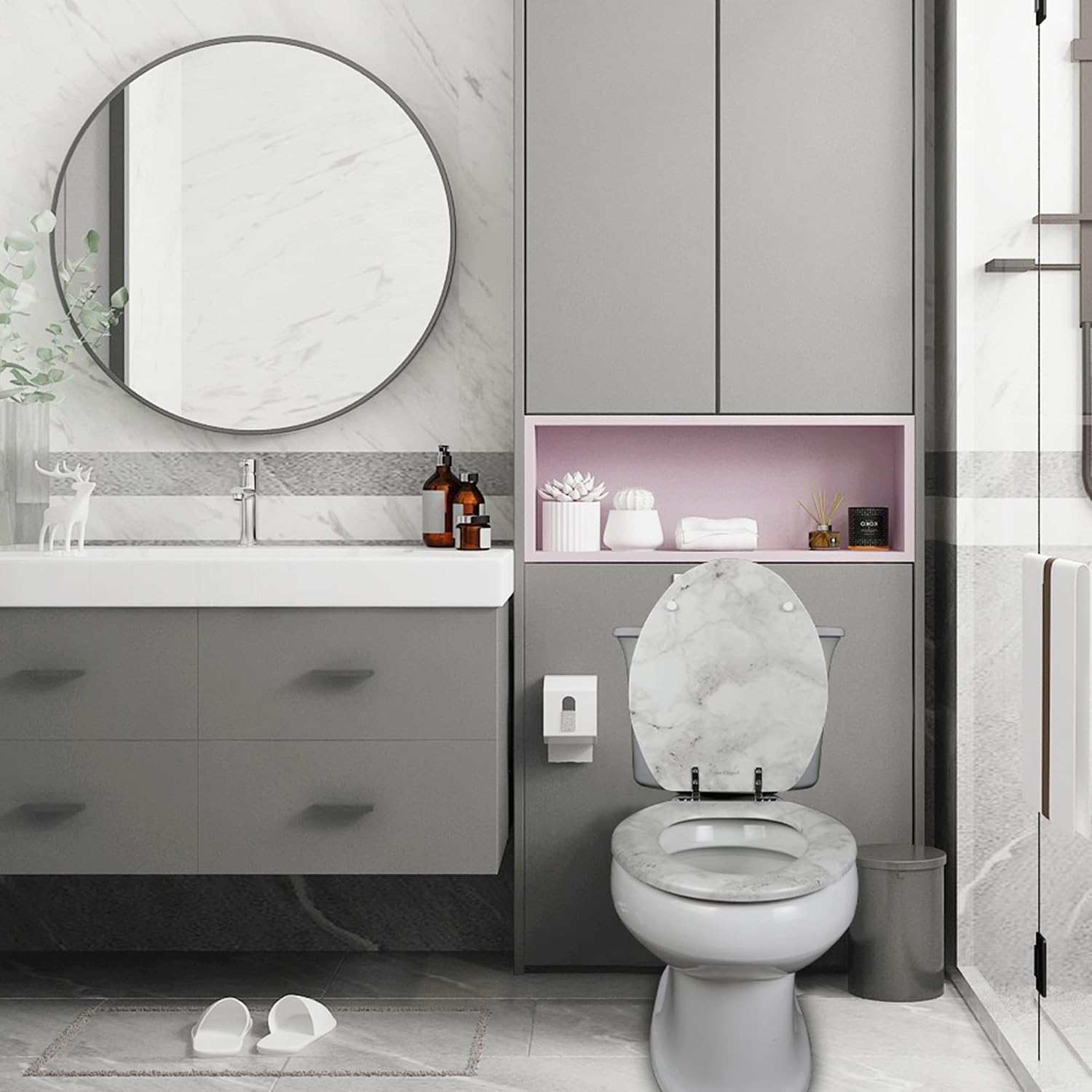 Angel Shield Marble Toilet Seat Durable Molded Wood with Quiet Close,Easy Clean，Quick-Release Hinges (Elongated,Black Marble)