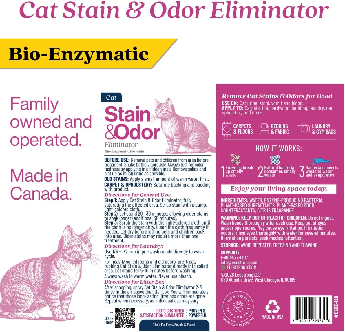 Eco Strong Cat Stain And Odor Remover| Enzyme Urine Odor Neutralizer - Stain Remover for Carpet, Litter Boxes, Bedding