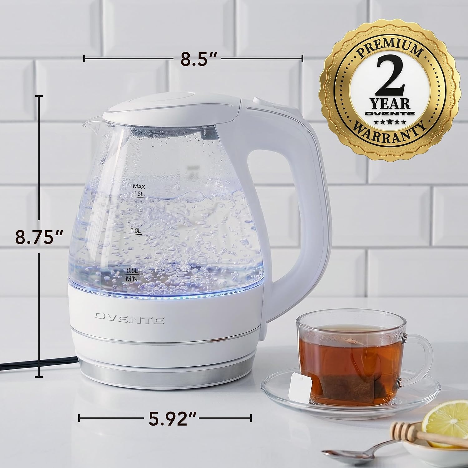 OVENTE 1.5L Glass Electric Kettle Water Boiler, Black KG83B | 1100W Fast Boiling, Borosilicate Glass, BPA-Free, Blue LED, Auto Shut-Off, Boil-Dry Protection, Removable Filter, 360° Base