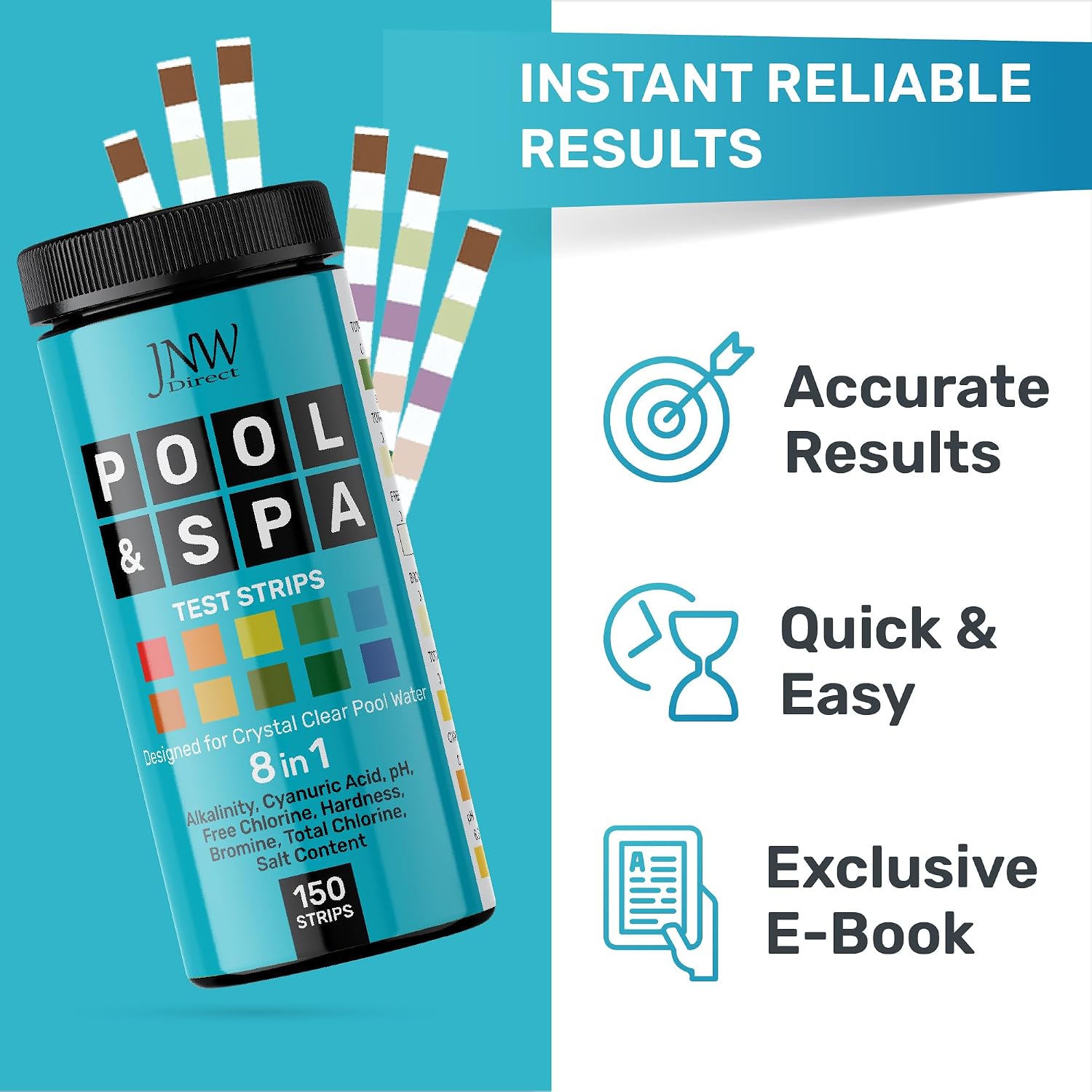Pool Test Strips for Pools and Spas - 7 in 1 Water Test 100 Pack | Includes 100 pool test strips that measure chlorine, bromine, pH, alkalinity, hardness and cyanuric acid in 30 seconds.