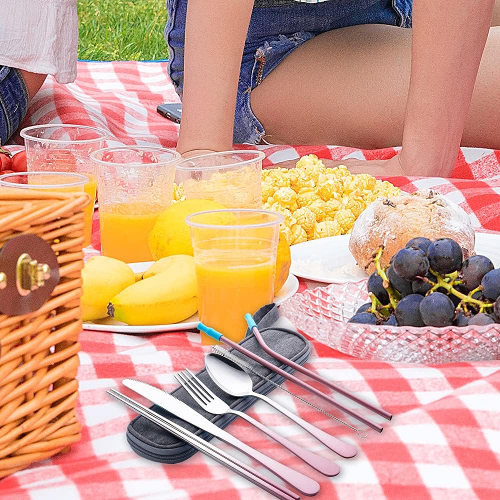 Travel Utensils Set with Case Reusable Portable Cutlery Set Stainless Steel 8pcs Including Dinner Knife Fork Spoon Chopsticks Straws(Rainbow)