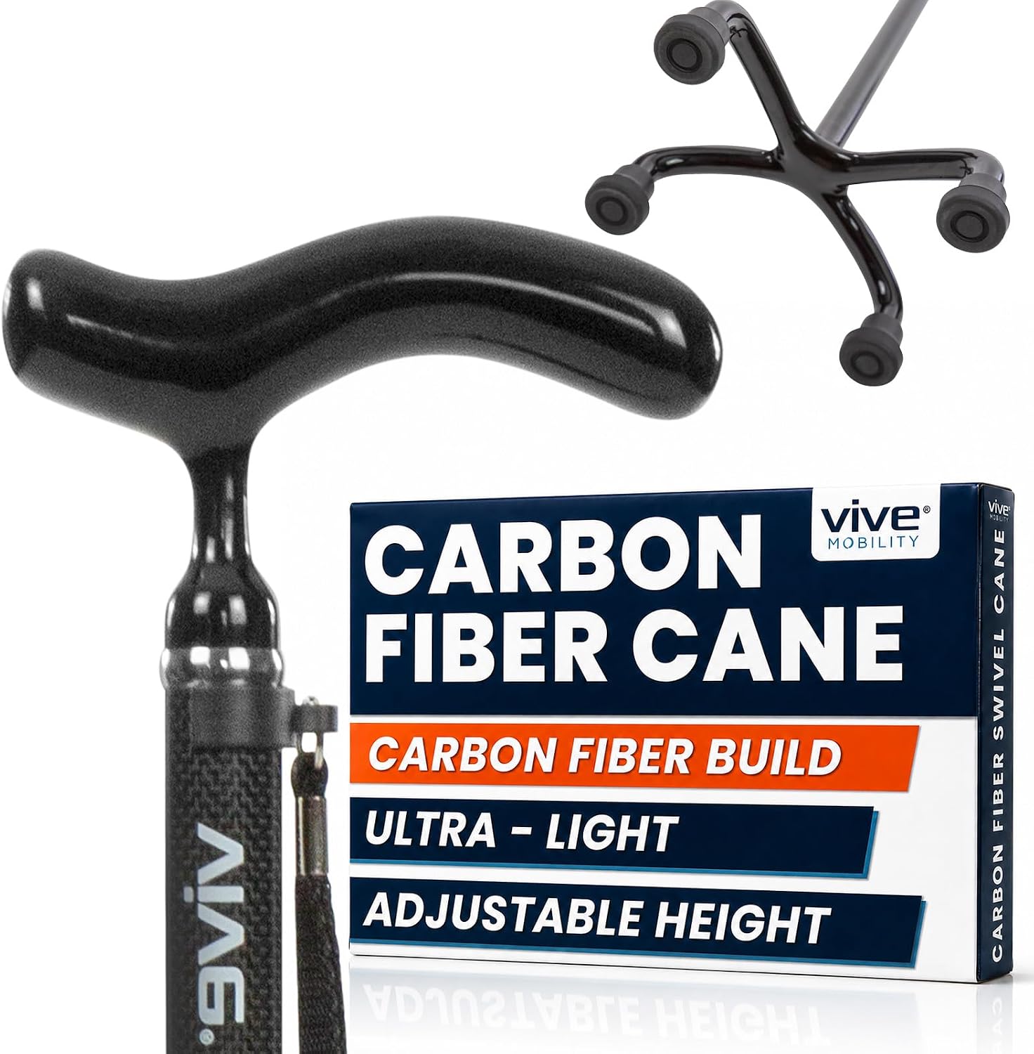 Vive Ultra-Lightweight Quad Cane - Carbon Fiber Walking Stick for Men | Women - Adjustable Ergonomic Grip Handle - Nonslip 4 Prong Rubber Tips for