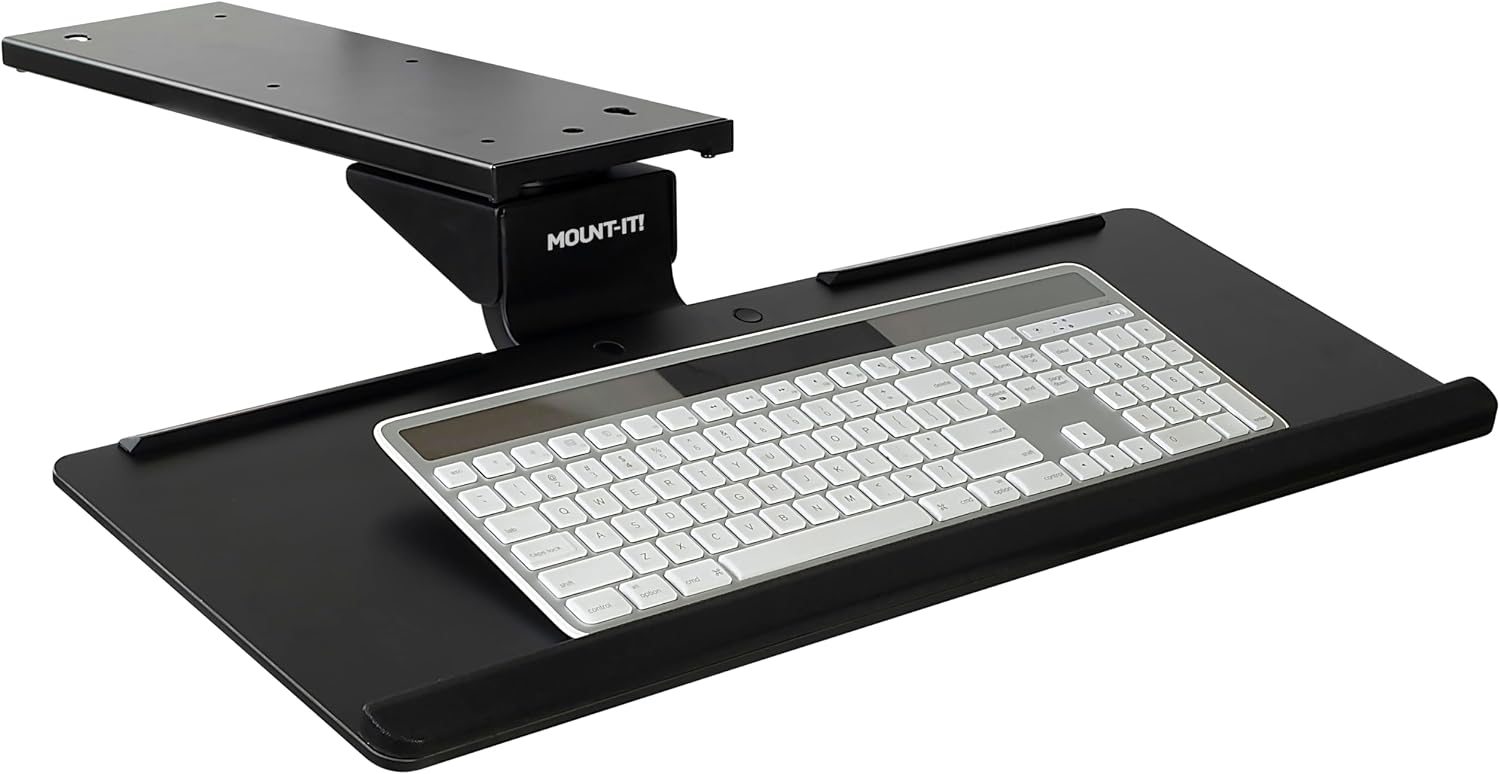 Mount-It! Under Desk Keyboard Tray, Adjustable Slide-Out Keyboard & Mouse Platform, 26.38" W × 10" D, Ergonomic Wrist Rest, Height Tilt & Swivel
