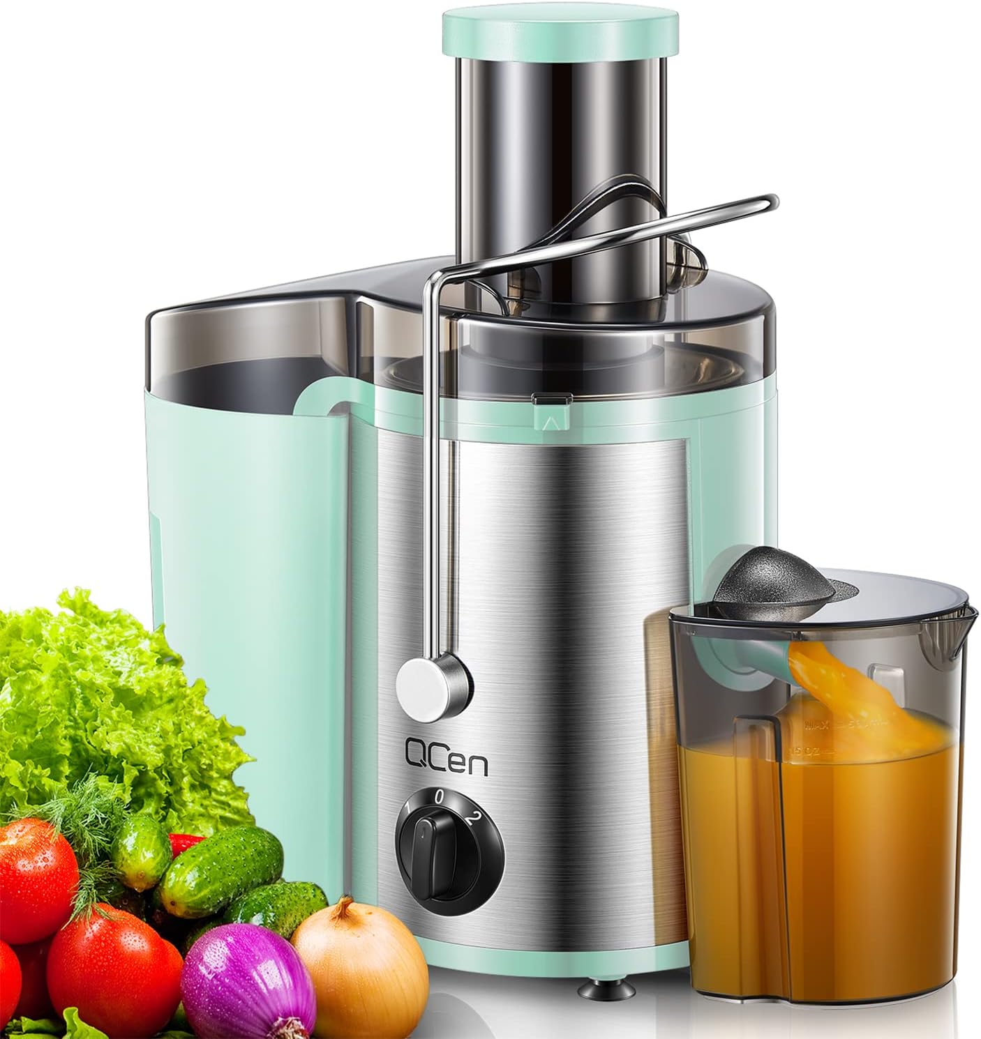 QCen Juicer Machine 500W Centrifugal Juicer with Extra Wide Feed Chute