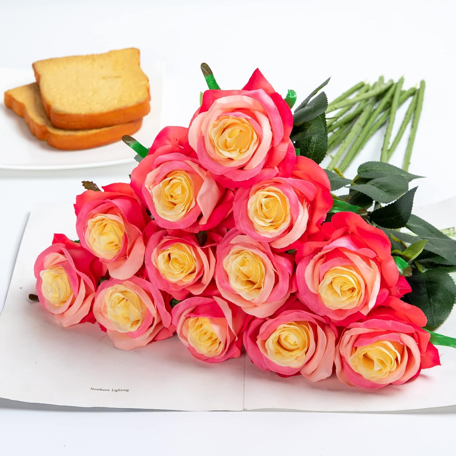 Hawesome 12PCS Artificial Silk Flowers Realistic Roses Bouquet Long Stem for Home Wedding Decoration Party (Yellow, 6 Flowers 6 Buds)
