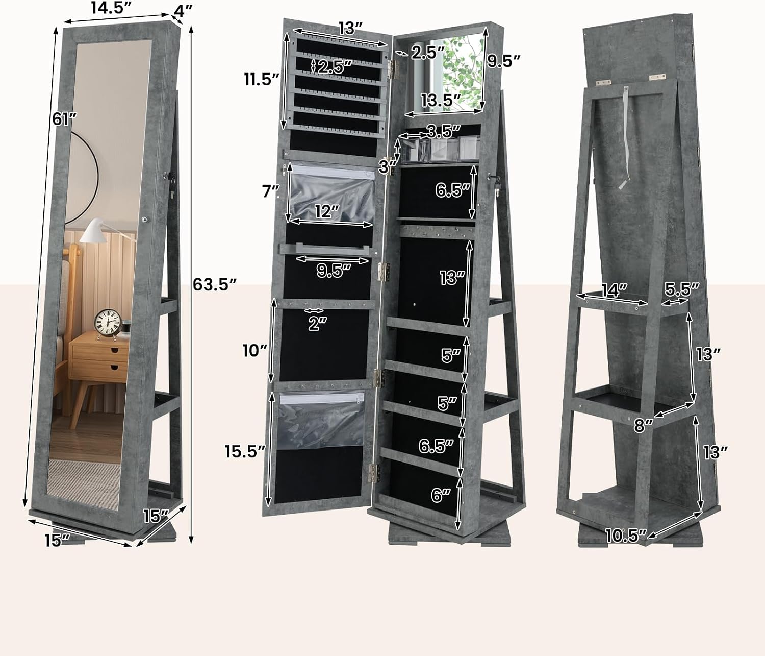 CHARMAID 360° Swivel Jewelry Armoire with Higher Full Length Mirror, Standing Lockable Jewelry Cabinet Organizer with Large Storage Capacity