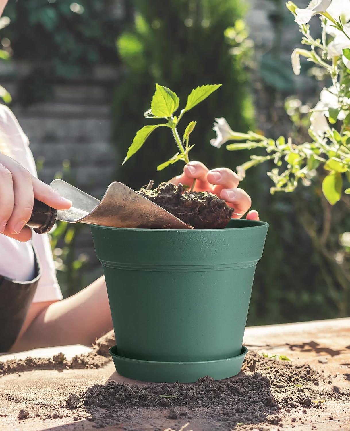 homenote 7.5 Inch Plastic Flower Pots with Drainage Holes and Trays (8 Pcs)