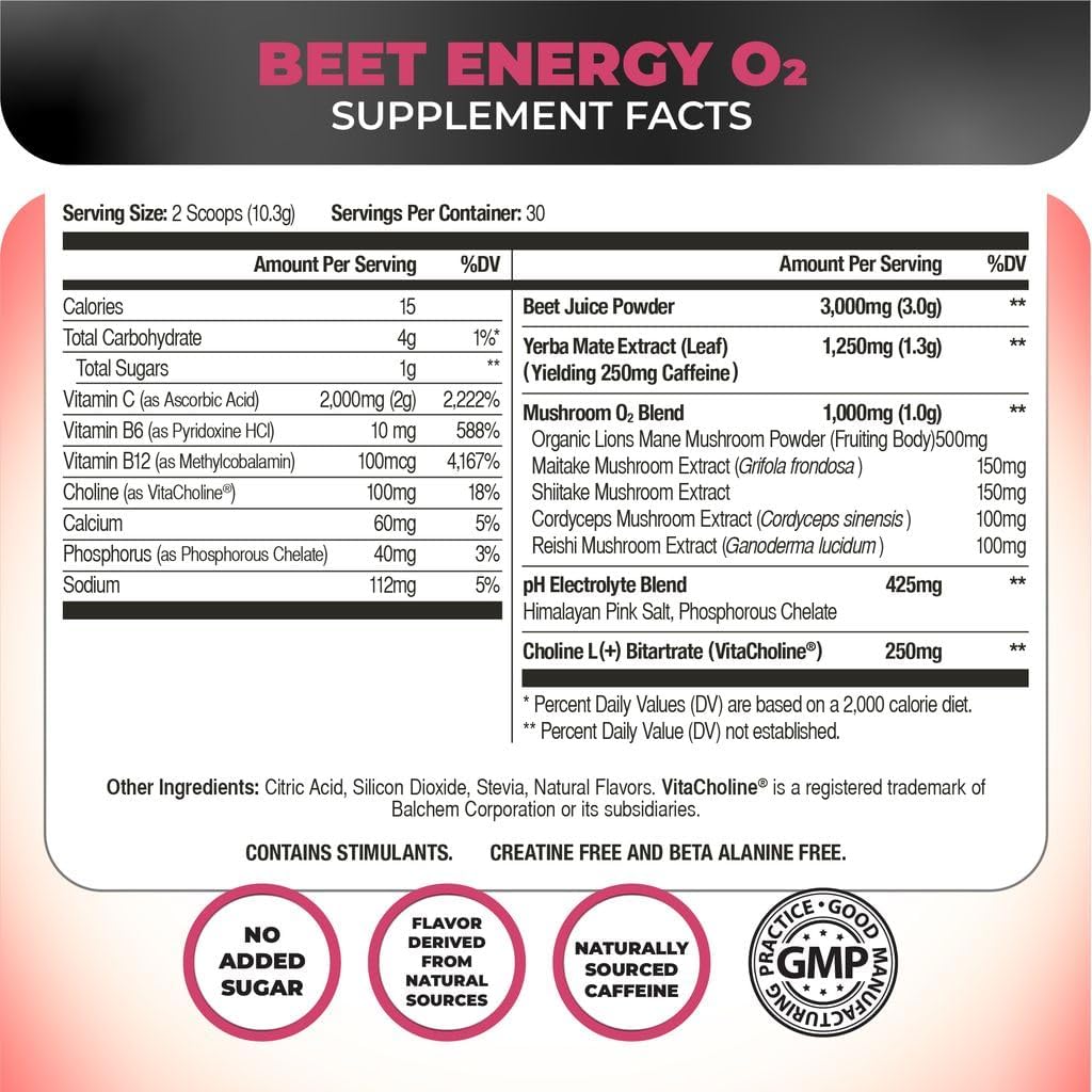 Nutrology Beet Energy O2 Pre Workout Passion Fruit Flavor - 30 Servings | Beet Juice Powder, Yerba Mate, Adaptogens, Electrolytes, Energy Support