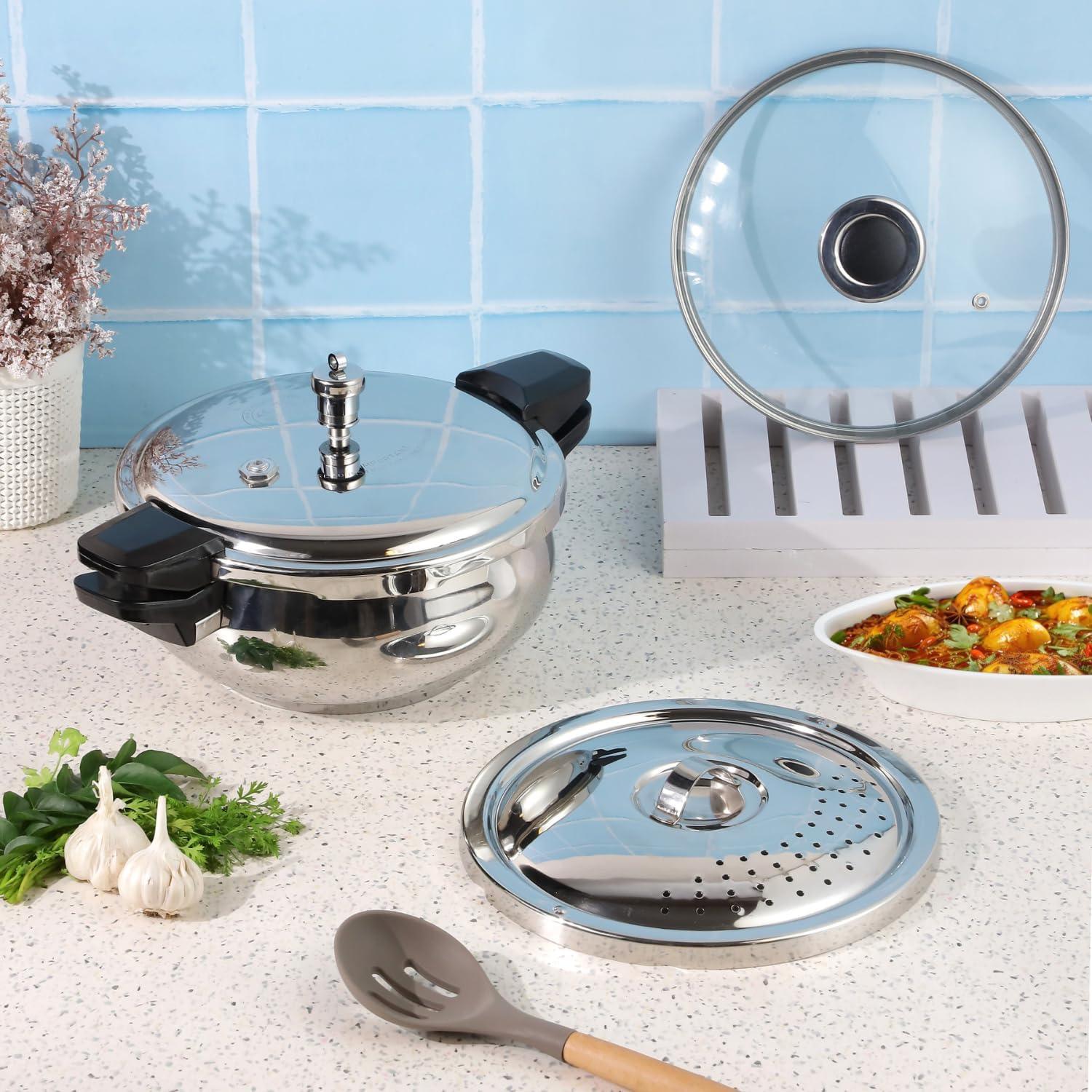 Vinod Magic Stainless Steel Smart 3 in 1 Pressure Cooker 5.5 Litre | 5mm Thick Base | All in One Cooker with Strainer & Glass Lid | Induction and