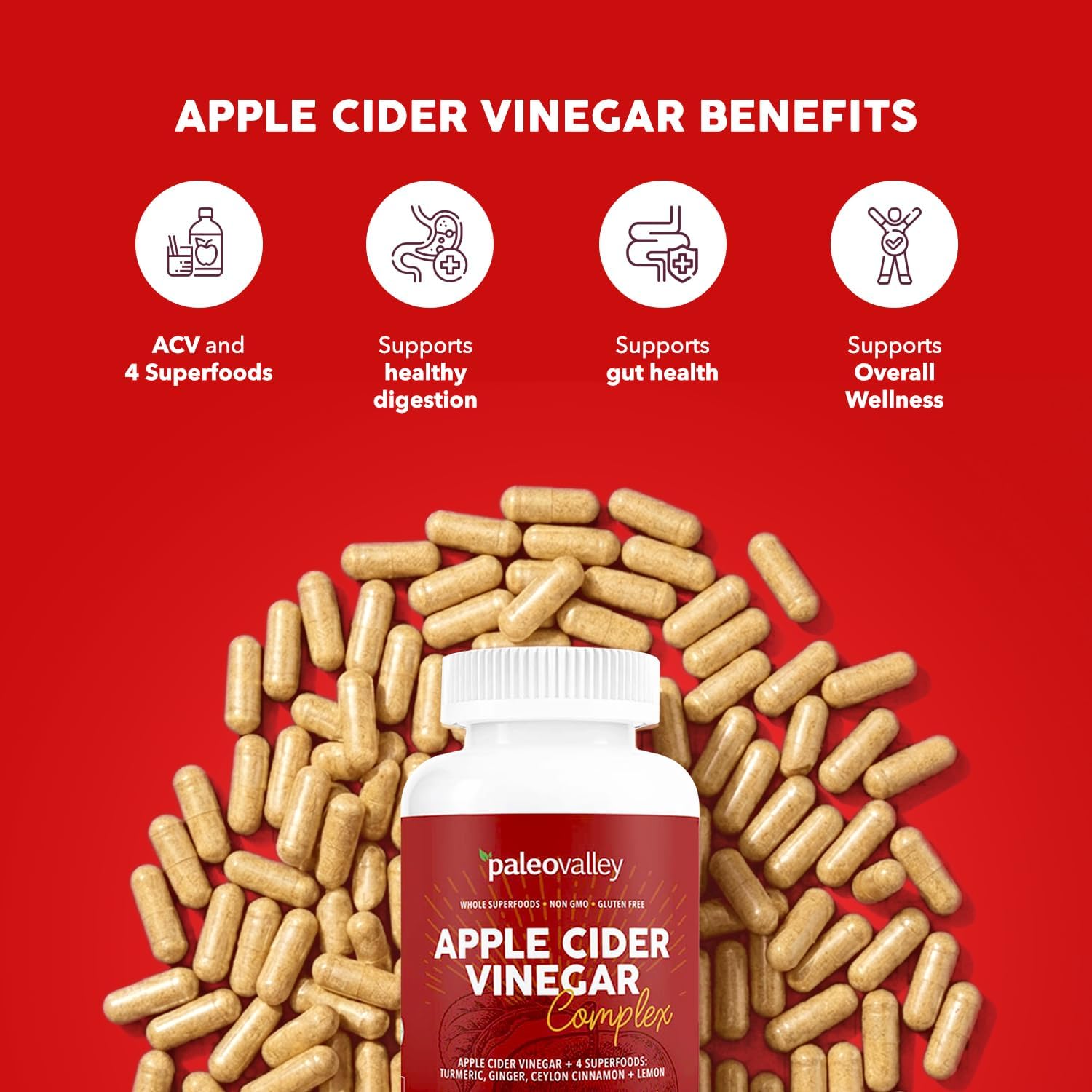 Paleovalley Apple Cider Vinegar Complex Capsules with Organic Superfoods | Gut and Digestive Support, Whole Food Nutrition, No Aftertaste, Unflavored