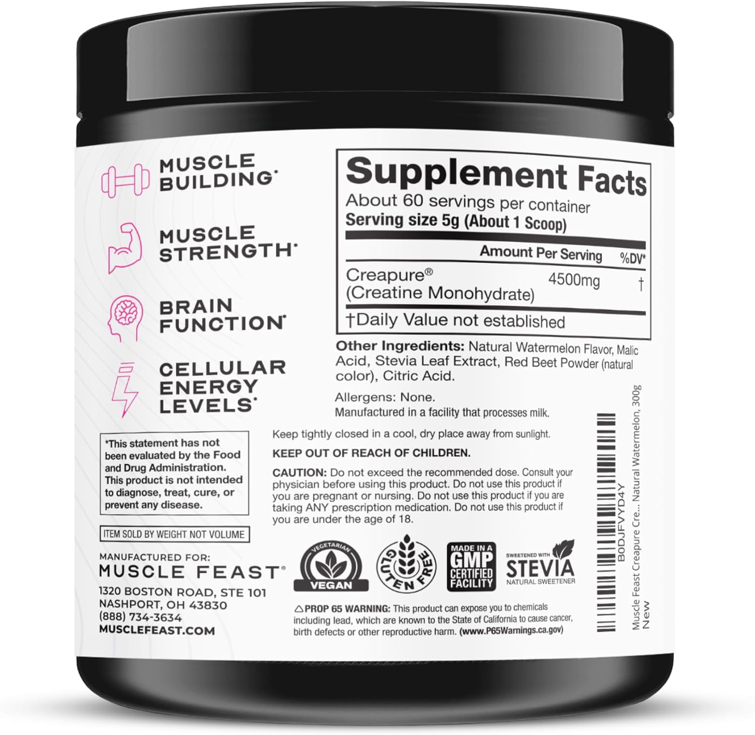 Muscle Feast Creapure Creatine Monohydrate Powder, Unflavored (300g) | Vegan, Non-GMO, Keto Friendly Mass Gainer, Muscle Recovery Supplement & Trusted Creatine for Muscle Growth, Creatine Powder