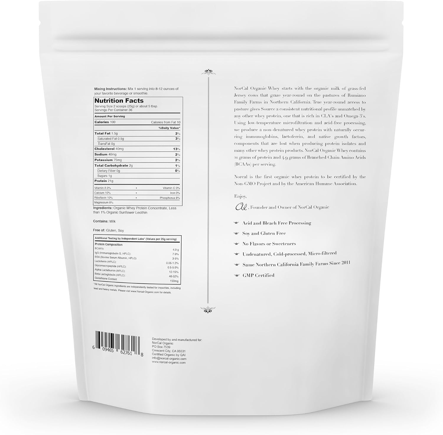 NorCal Organic Grass-Fed Whey Protein, USDA Certified, Unflavored, 2 lb