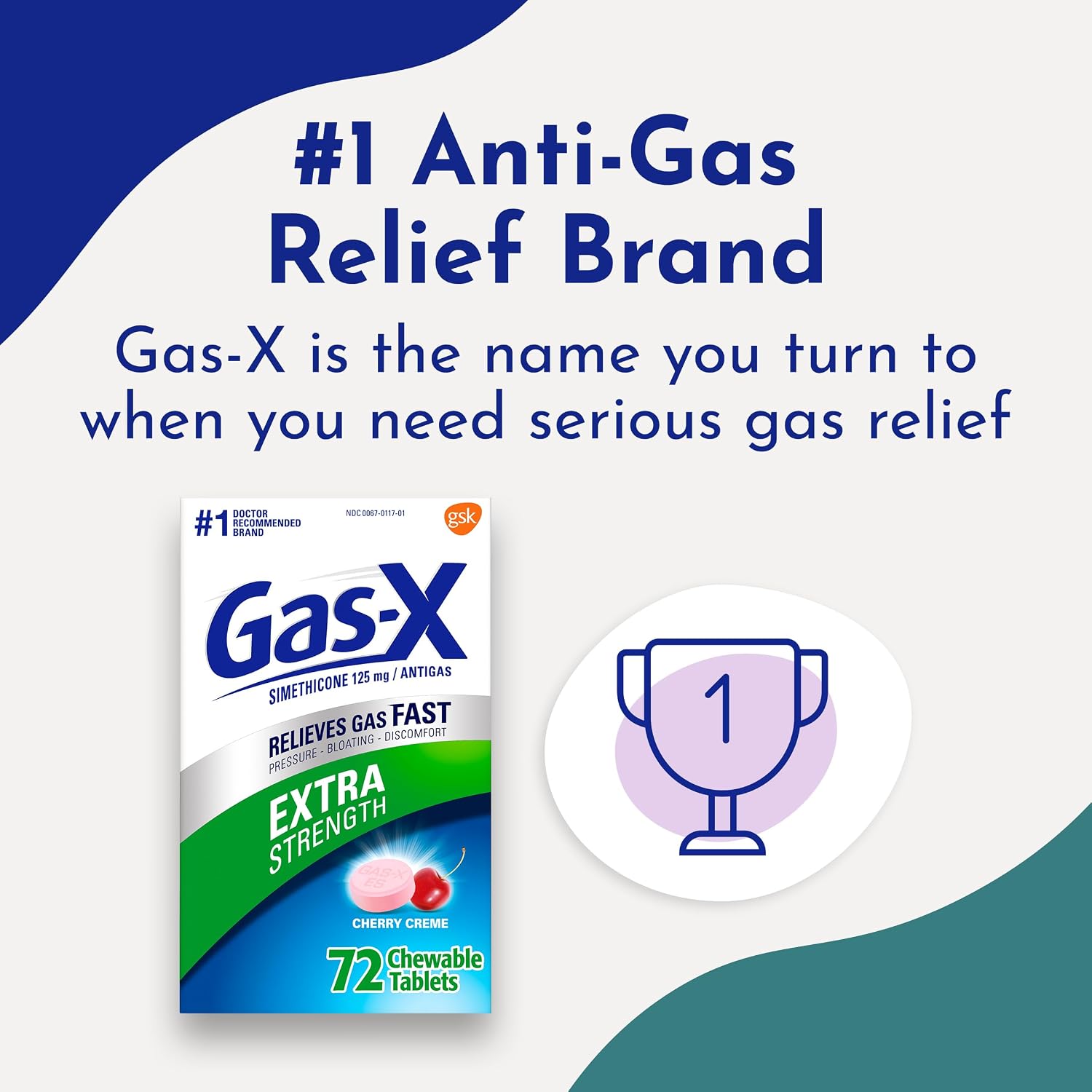 Gas-X Extra Strength Chewable Tablets, Gas Relief, Cherry, 72 Count | Simethicone 125mg Extra Strength Chewable Tablets, Fast Gas and Bloating Relief
