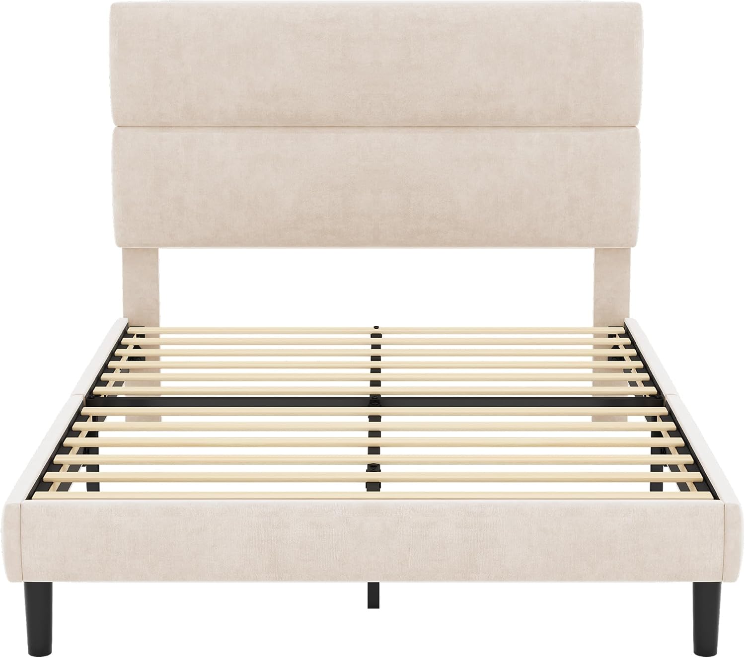 GRUSIGN Queen Size Platform Bed Frame with Velvet Headboard, Adjustable Height Wooden Slats Support, Upholstered Mattress Foundation, Fits Mattress or Mattress with Box Spring, Easy Assembly, Beige